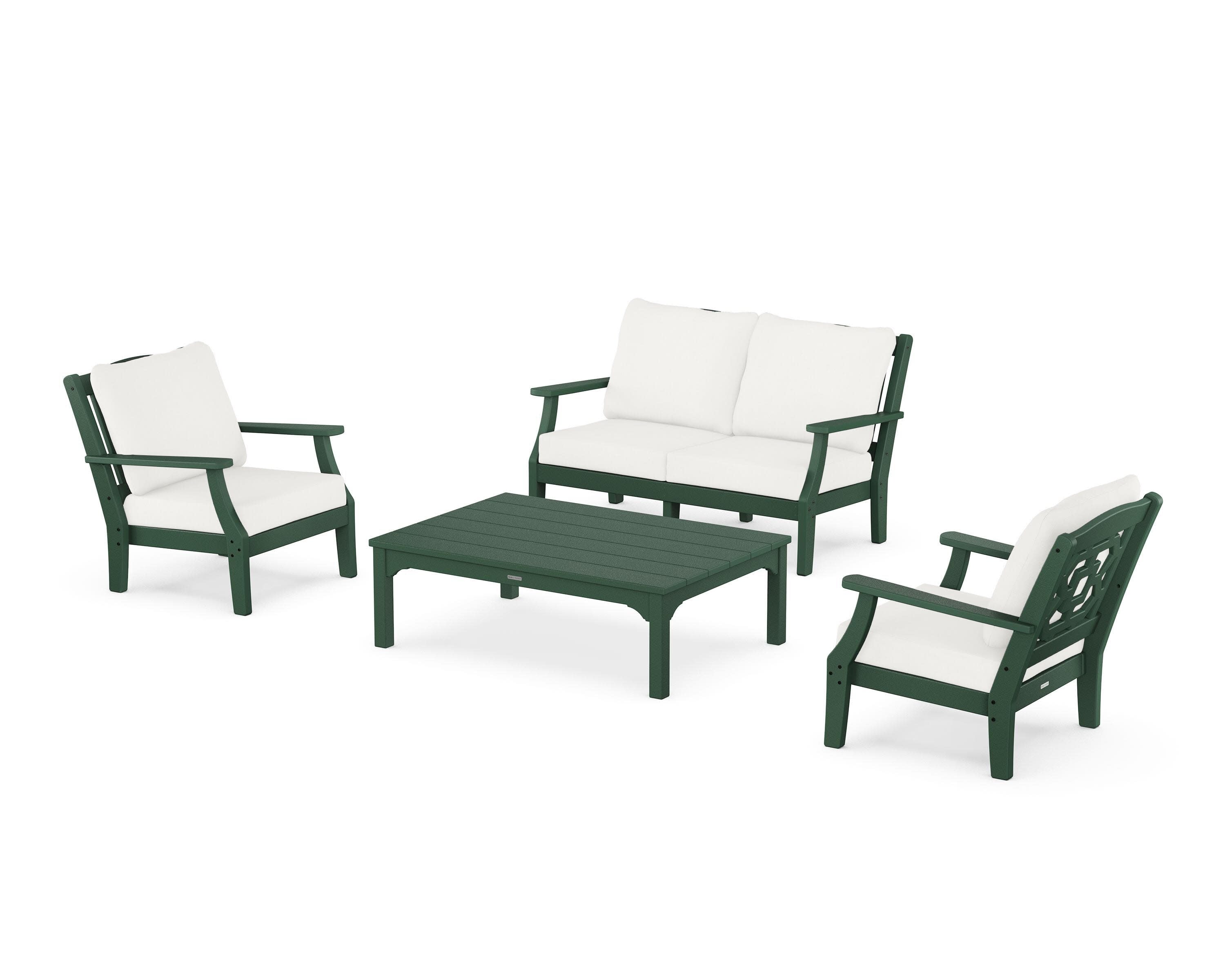 Chinoiserie 4-Piece Deep Seating Set with Loveseat in Green / Natural Linen