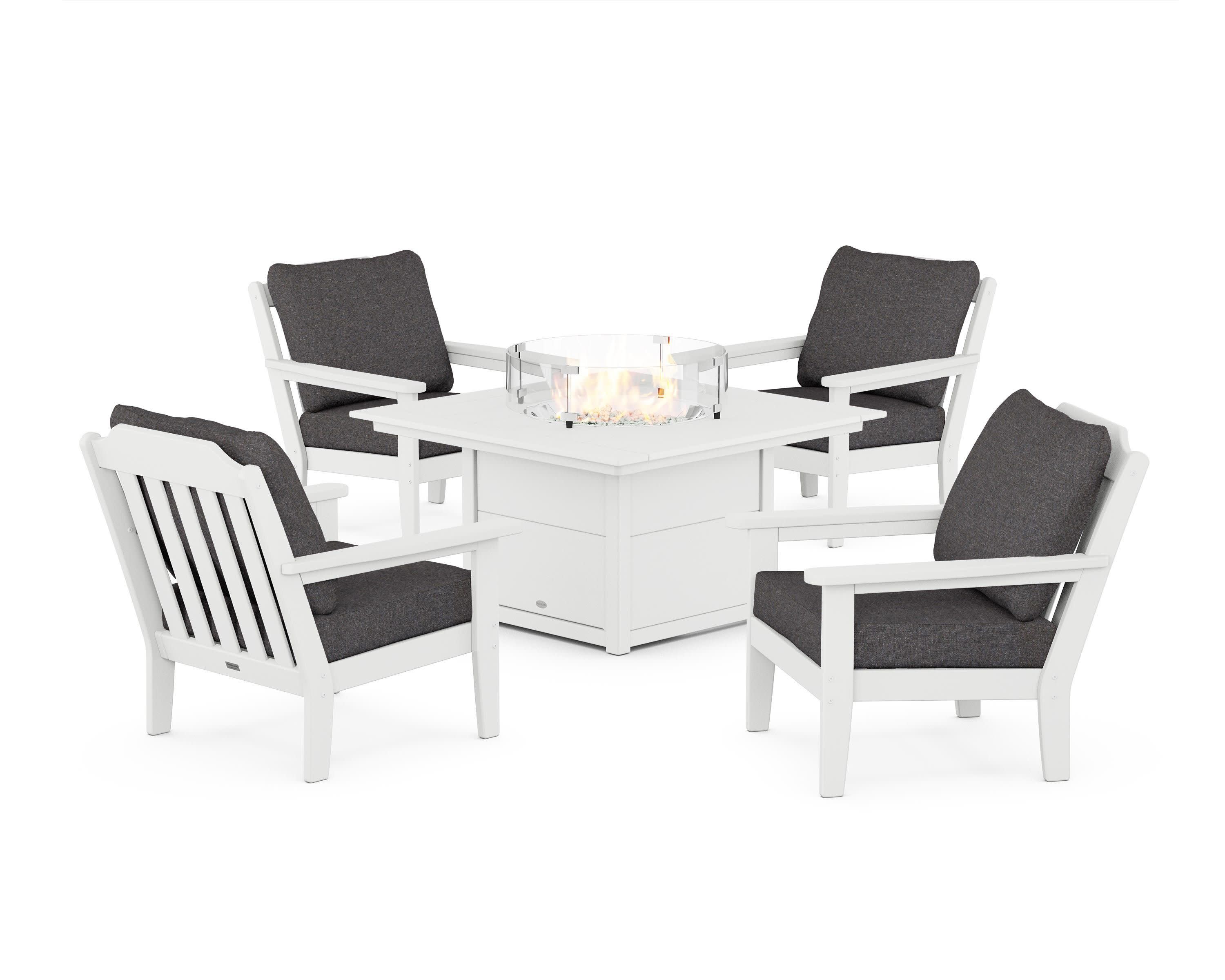 Cottage 5-Piece Deep Seating Set with Fire Pit Table in White / Ash Charcoal