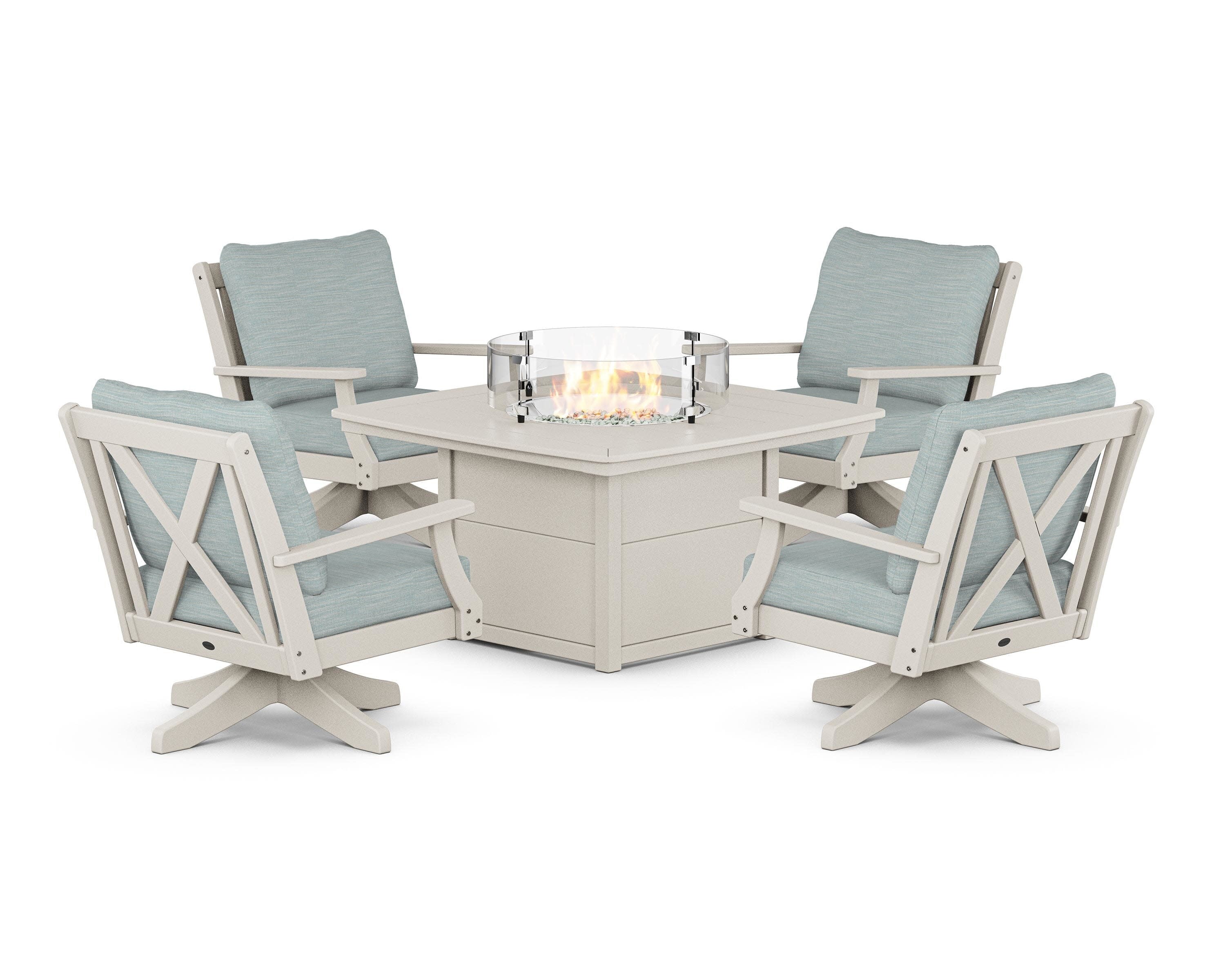 Braxton 5-Piece Deep Seating Swivel Conversation Set with Fire Pit Table in Sand / Soothe Mist
