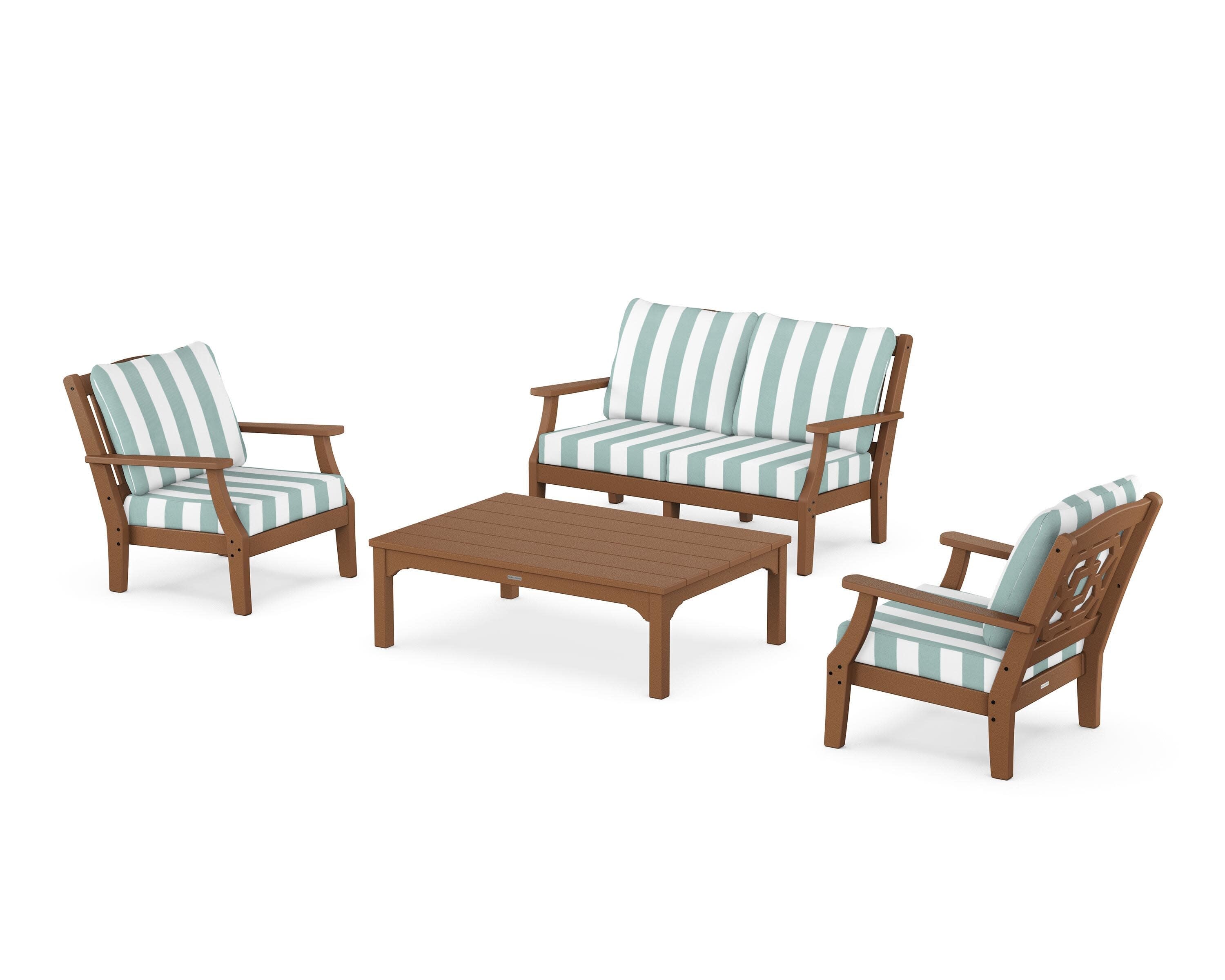 Chinoiserie 4-Piece Deep Seating Set with Loveseat in Teak / Cabana Stripe Glacier Spa