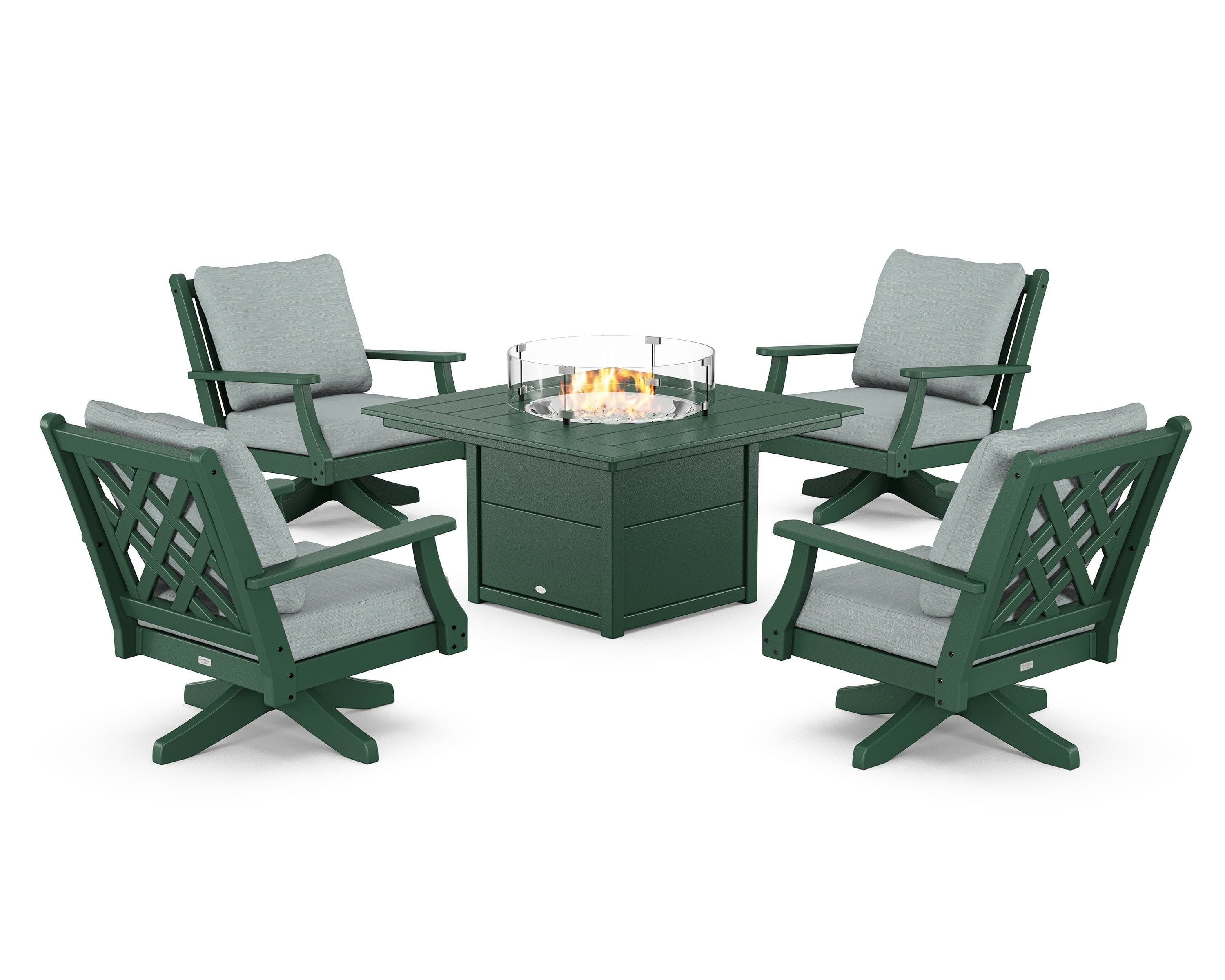 Wovendale 5-Piece Deep Seating Swivel Conversation Set with Fire Pit Table in Green / Soothe Mist