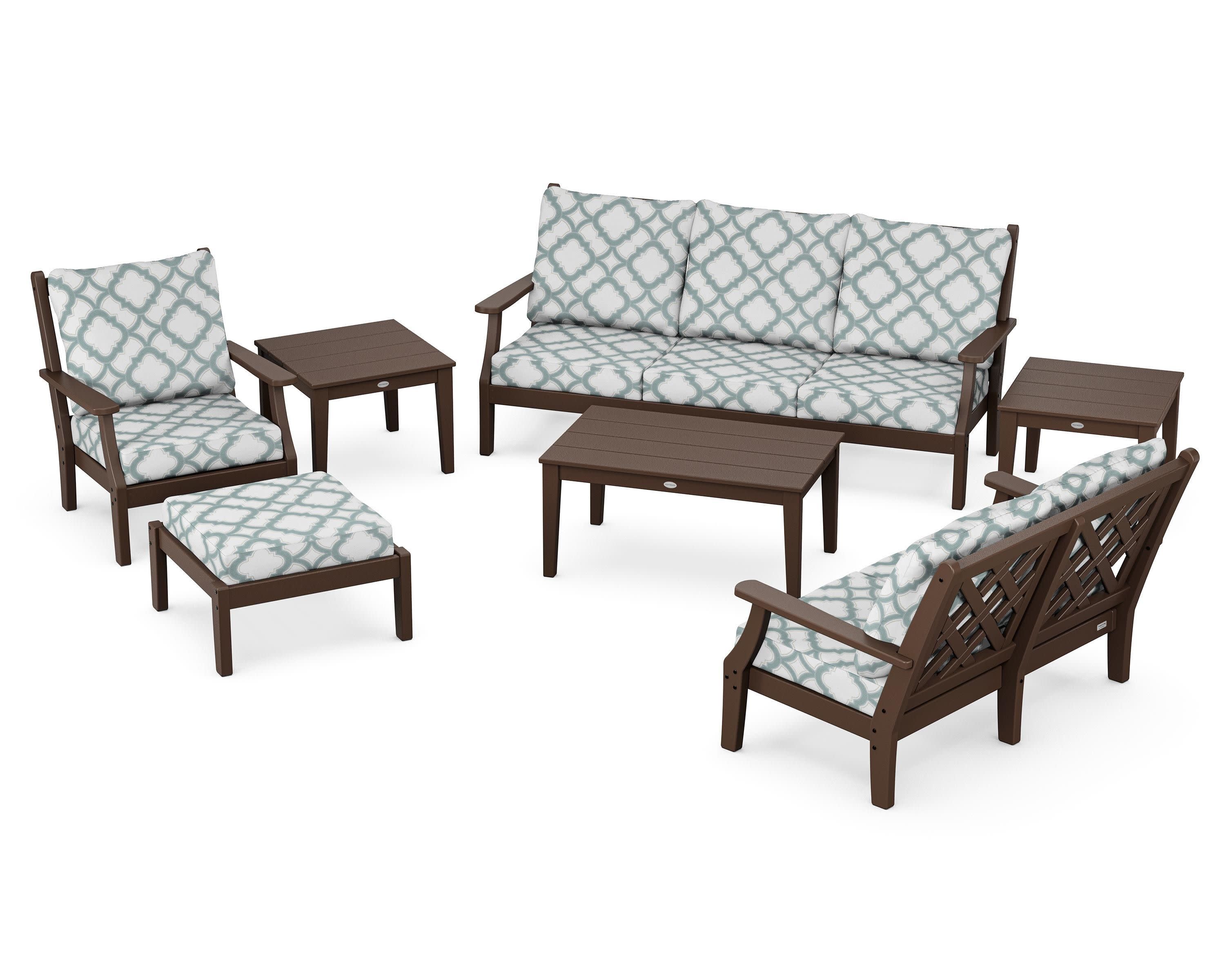Wovendale 7-Piece Deep Seating Set in Mahogany / Trellis Glacier Spa
