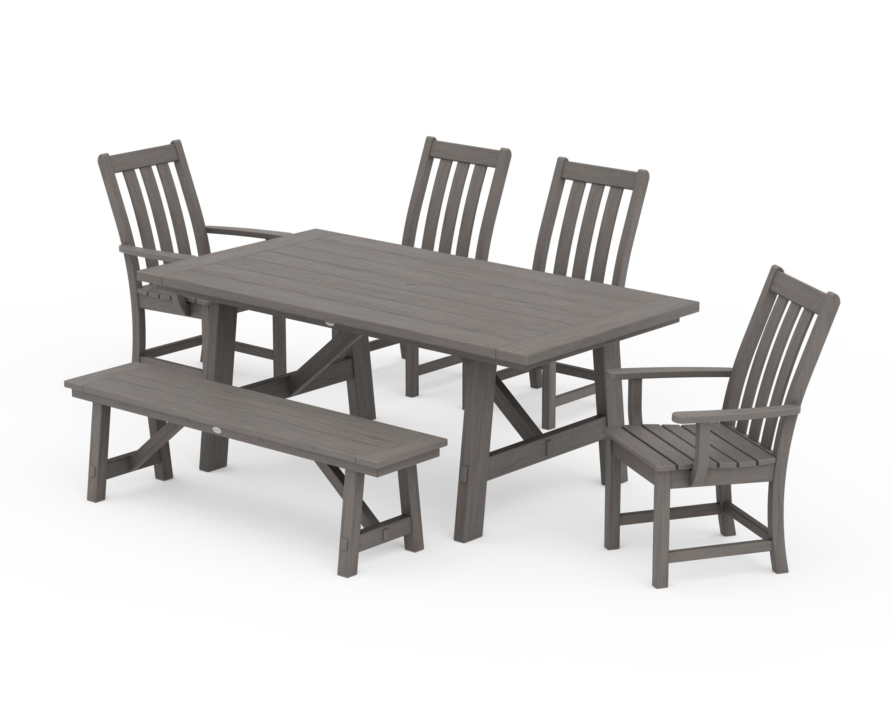 Vineyard 6-Piece Rustic Farmhouse Dining Set With Bench in Driftwood