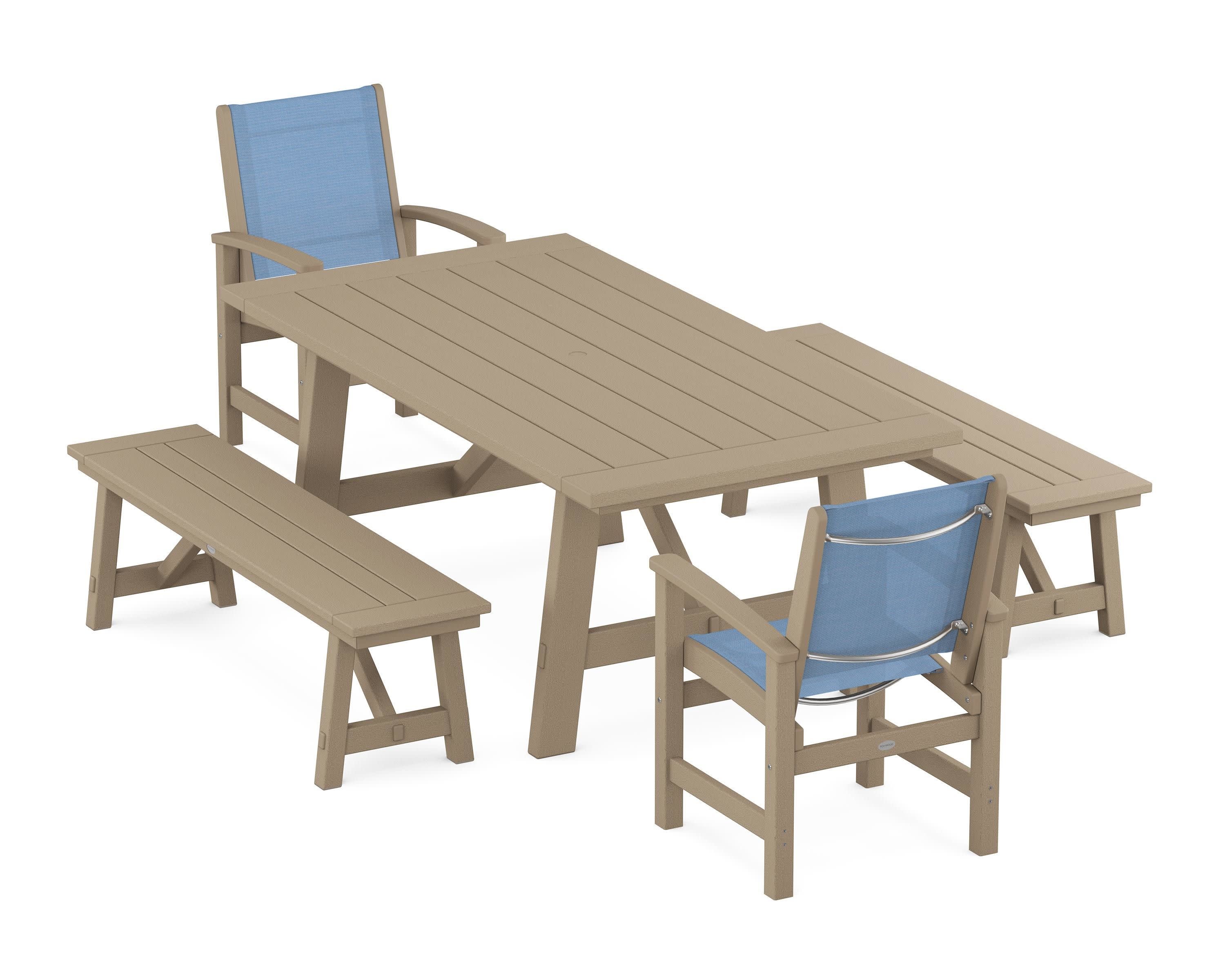 Coastal 5-Piece Rustic Farmhouse Dining Set With Benches in Vintage Sahara / Poolside Sling