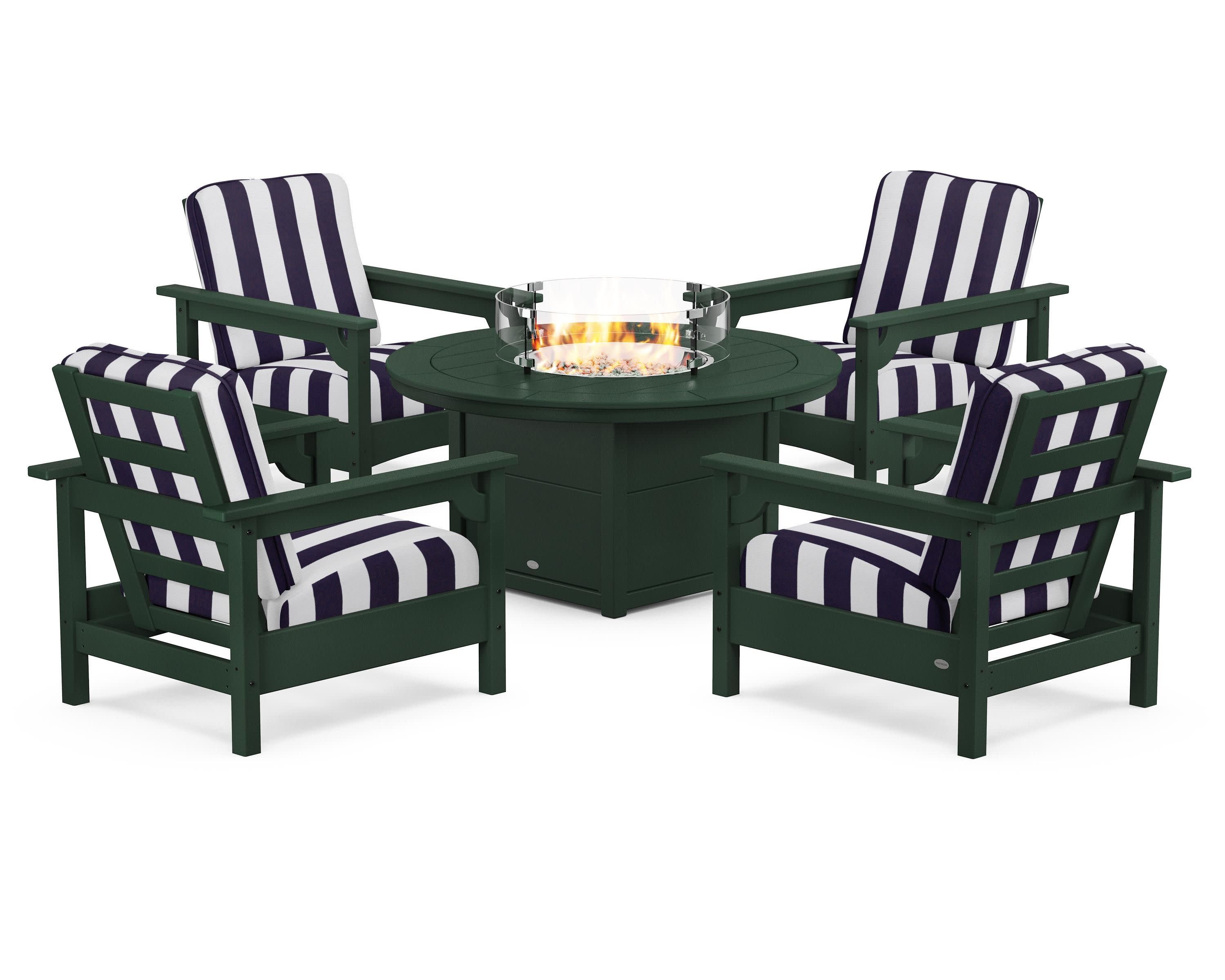 Club 5-Piece Conversation Set with Fire Pit Table in Green / Cabana Stripe Navy