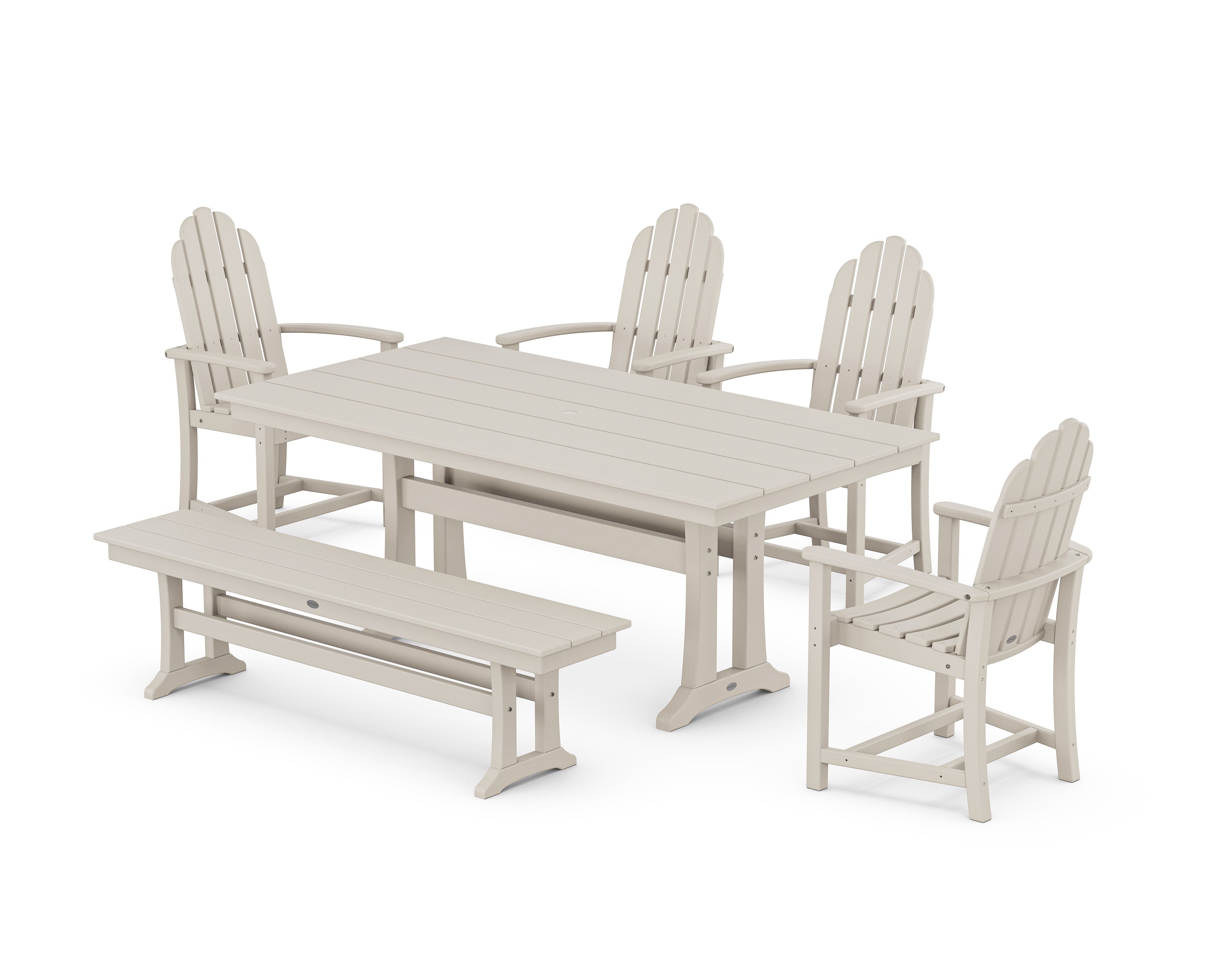 Classic Adirondack 6-Piece Farmhouse Dining Set with Trestle Legs and Bench in Sand
