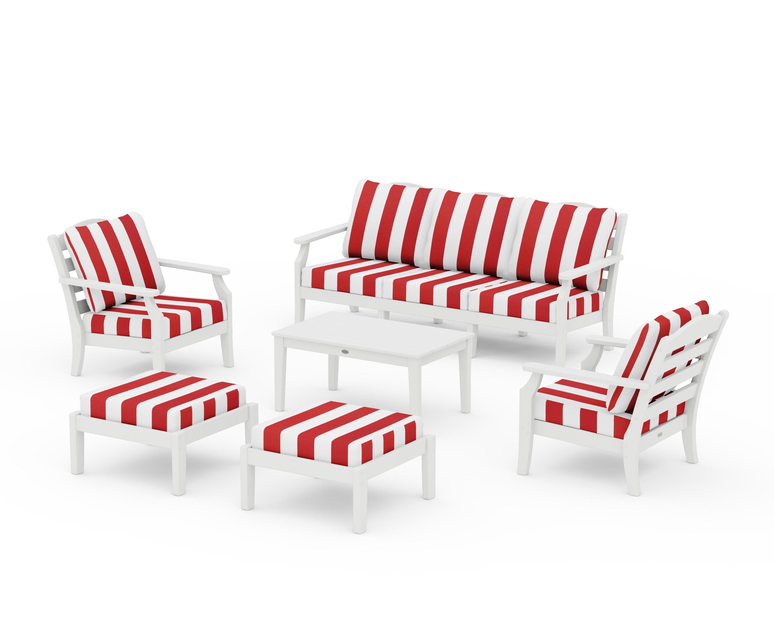 Savannah 6-Piece Lounge Sofa Set in White / Cabana Stripe Crimson