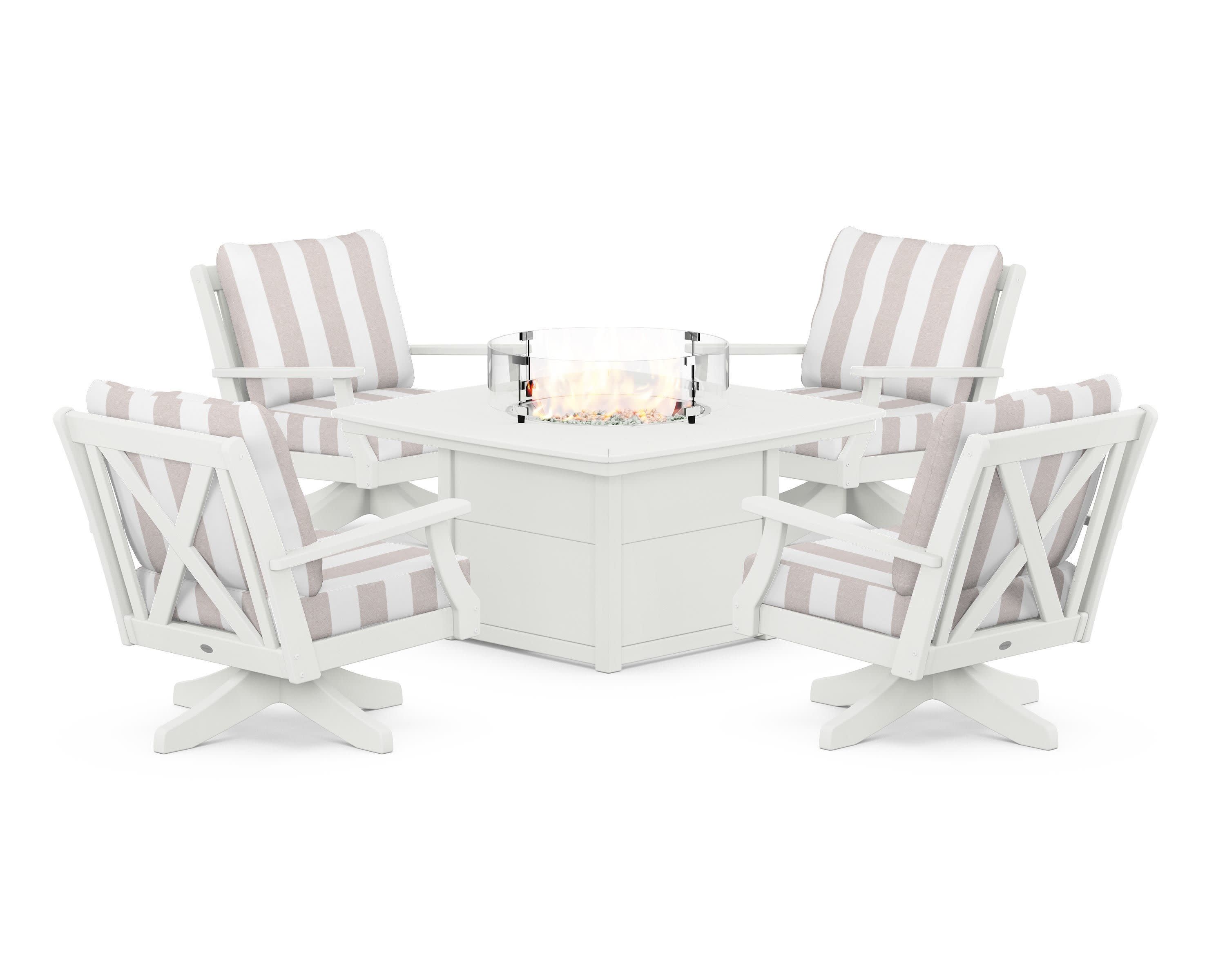Braxton 5-Piece Deep Seating Swivel Conversation Set with Fire Pit Table in Vintage White / Cabana Stripe Dune Burlap