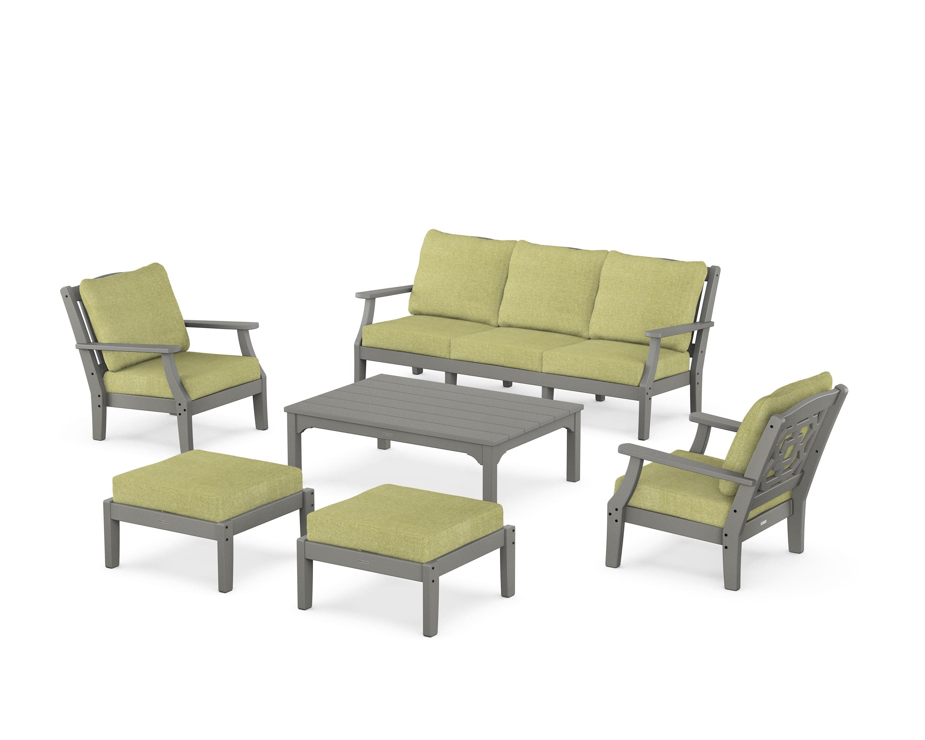 Chinoiserie 6-Piece Lounge Sofa Set in Slate Grey / Chartreuse Boucle