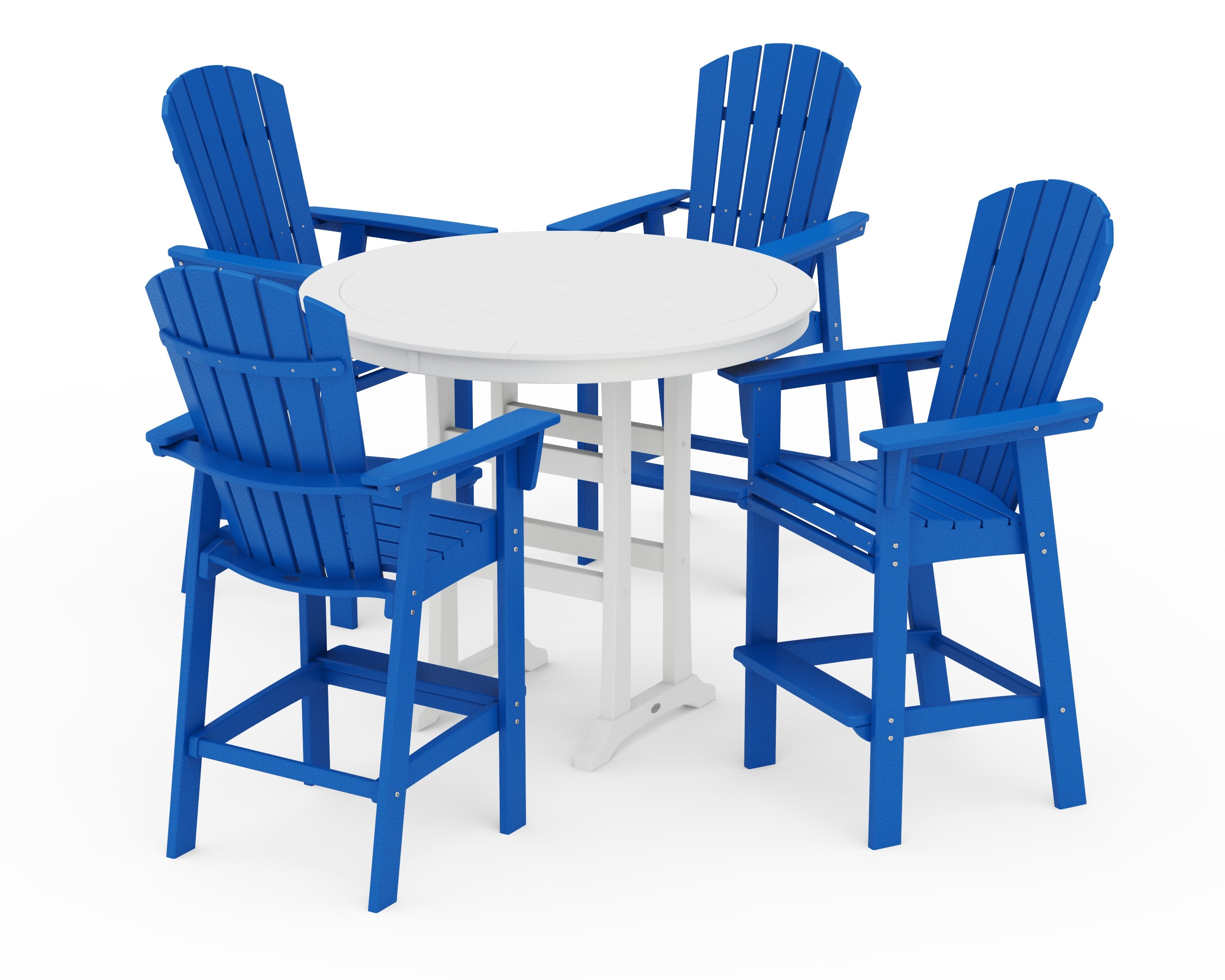 Nautical Curveback Adirondack 5-Piece Round Trestle Bar Set in Pacific Blue / White