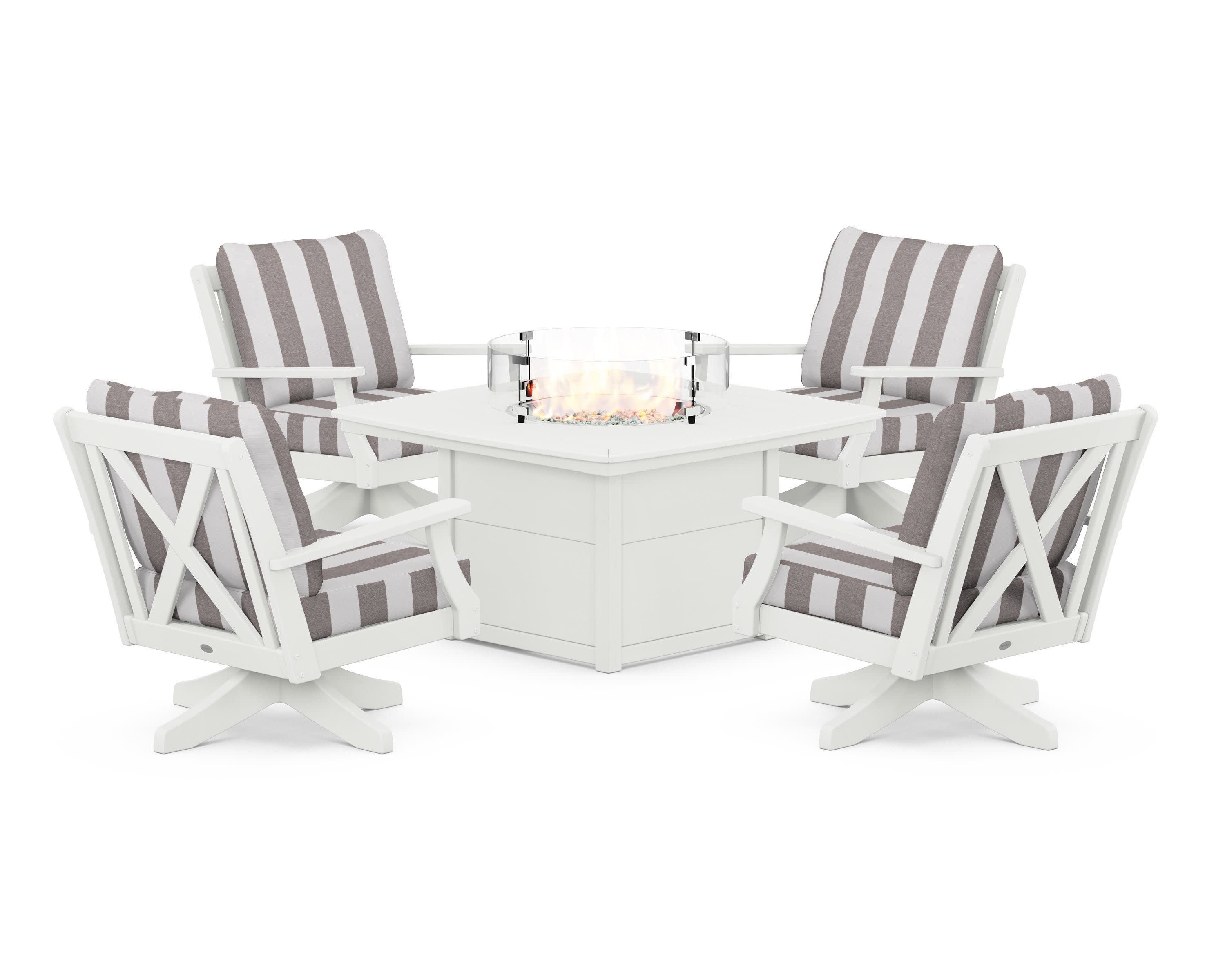 Braxton 5-Piece Deep Seating Swivel Conversation Set with Fire Pit Table in Vintage White / Cabana Stripe Grey Mist