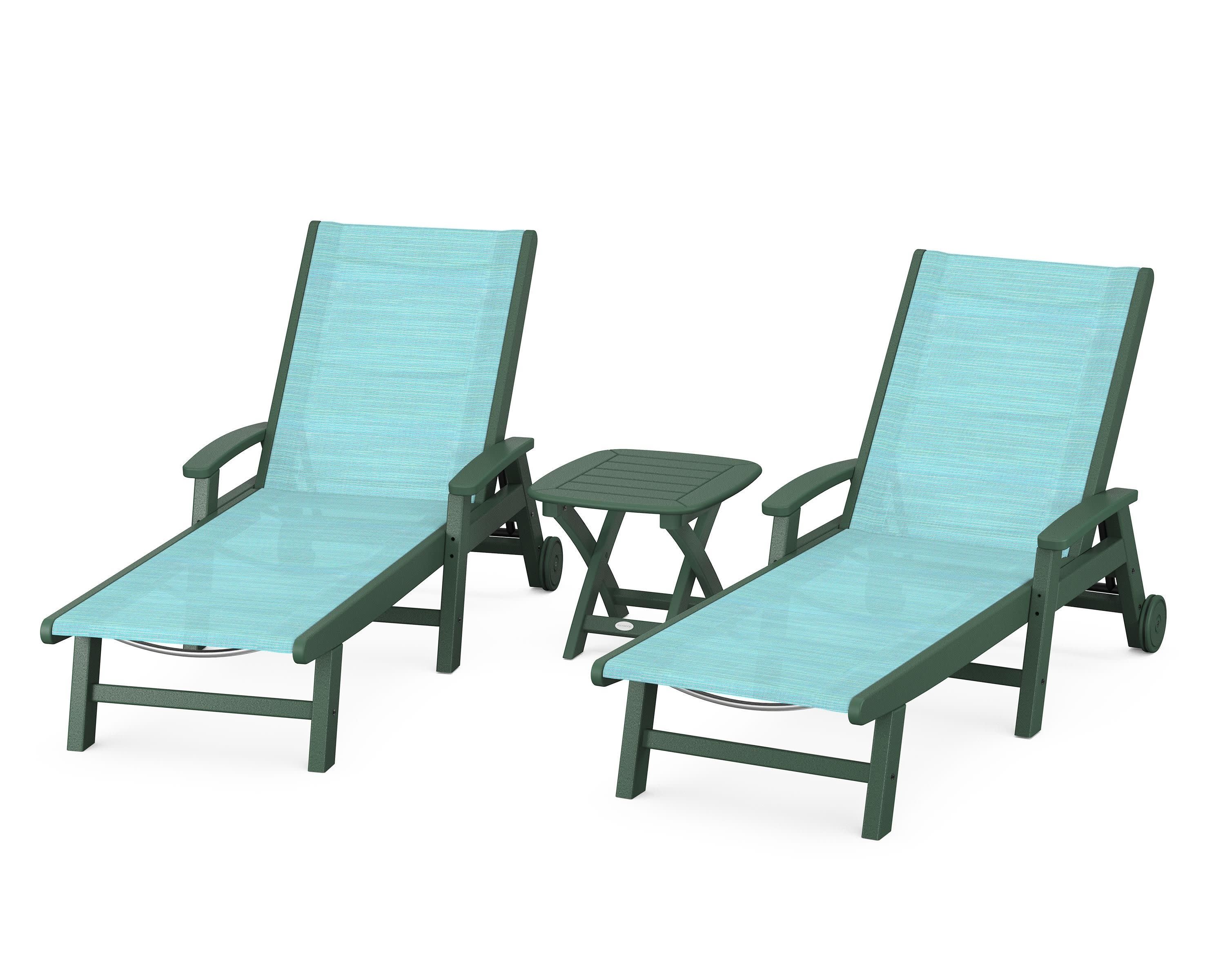 Coastal 3-Piece Wheeled Chaise Set in Green / Dupioni Aquamarine Sling