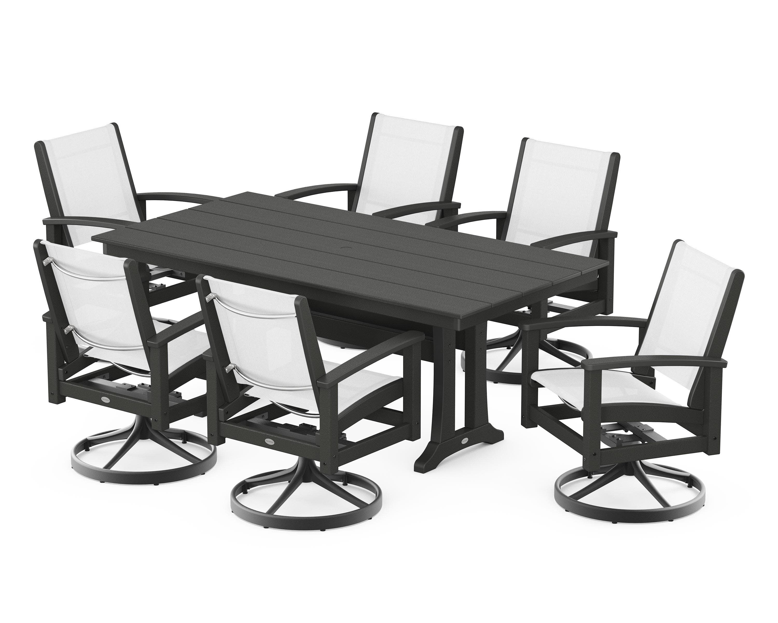 7 Piece Coastal Swivel Rocker Dining Set in Textured Black / Black / White Sling