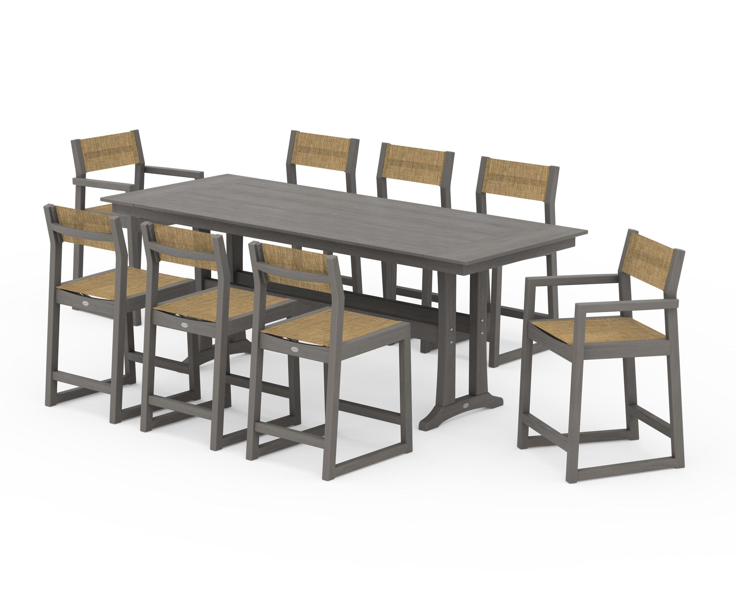 EDGE Sling 9-Piece Farmhouse Counter Set with Trestle Legs in Driftwood / Burlap Sling