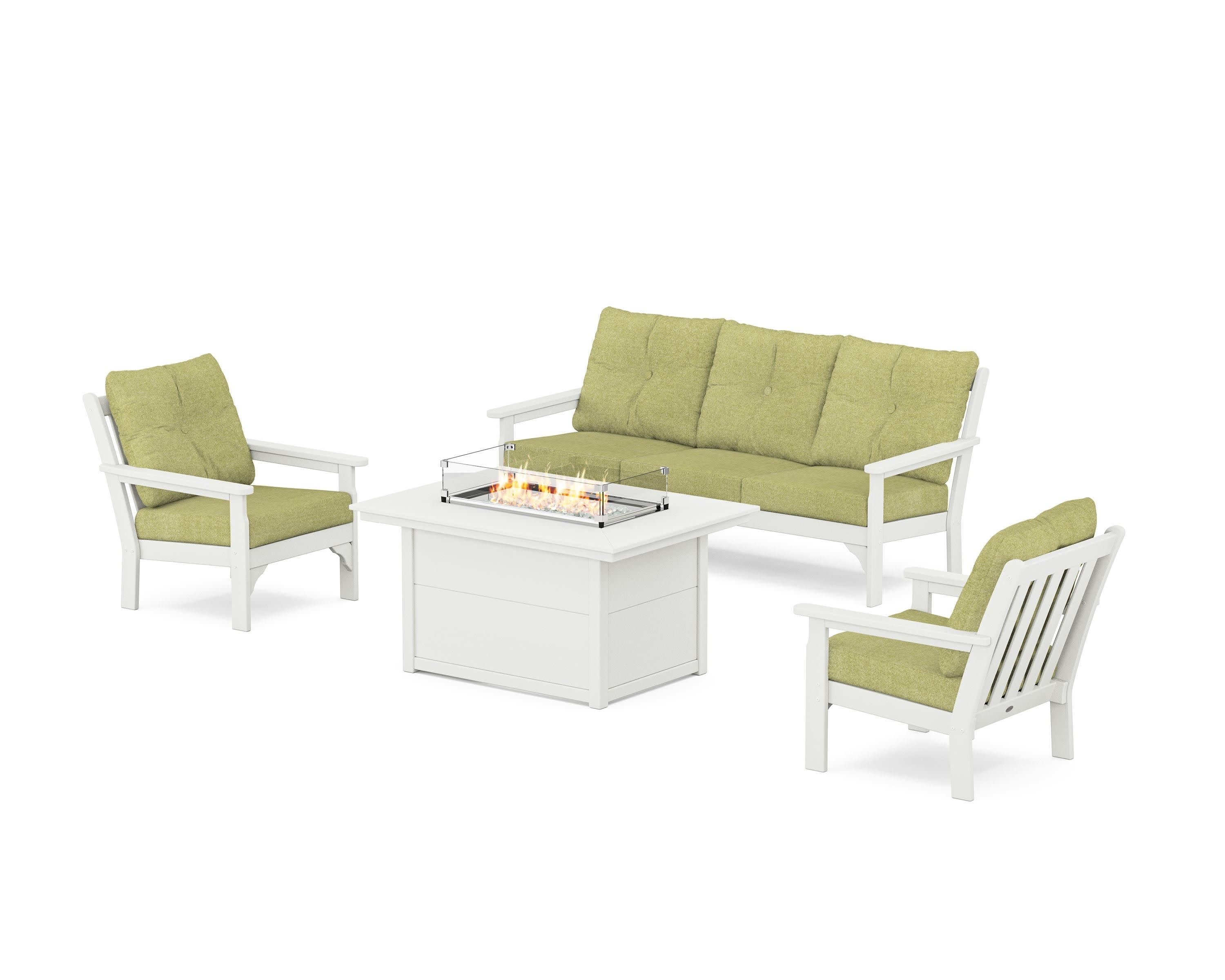 Vineyard Deep Seating Fire Pit Table Set in Vintage White / Chartreuse Boucle