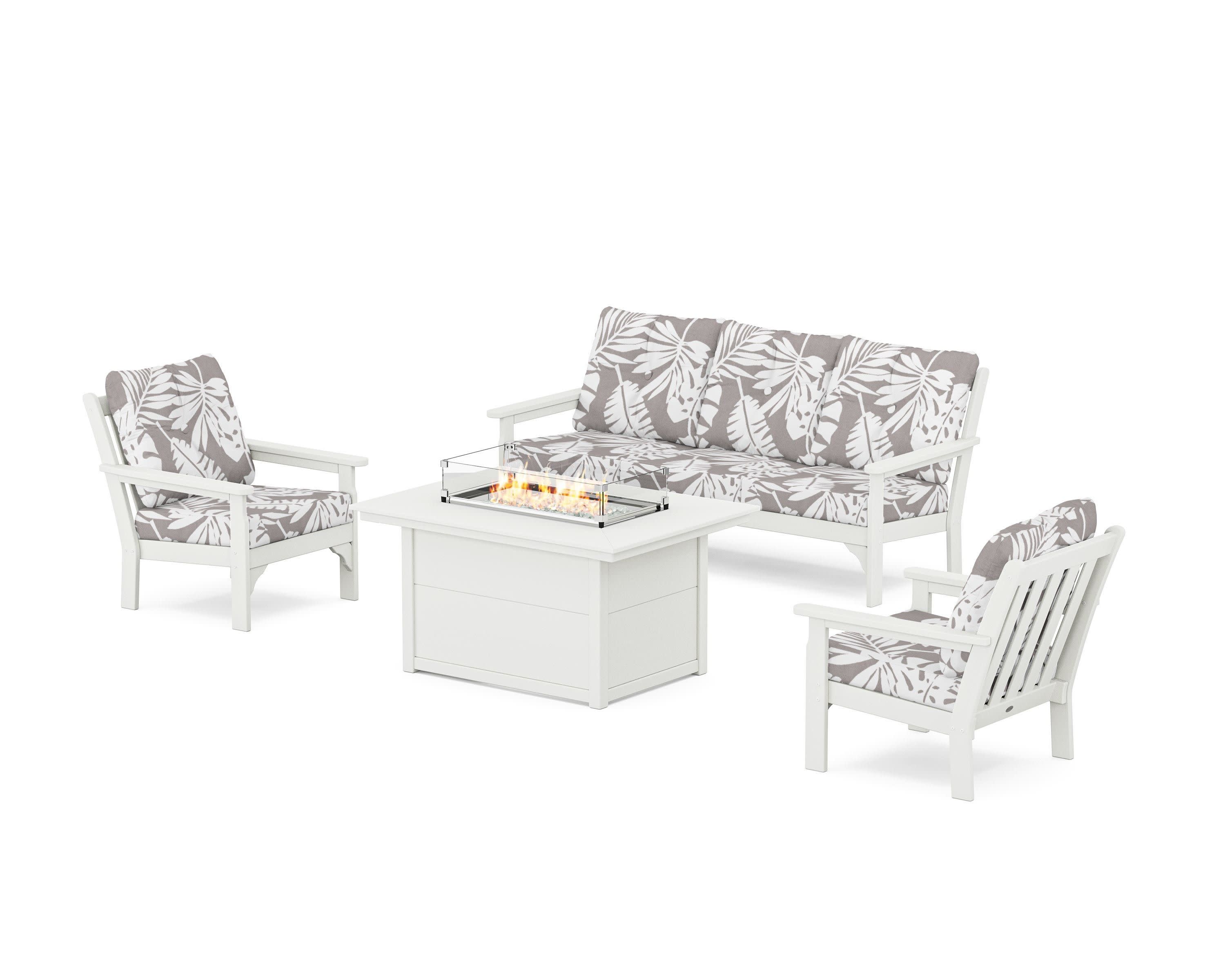 Vineyard Deep Seating Fire Pit Table Set in Vintage White / Leaf Grey Mist