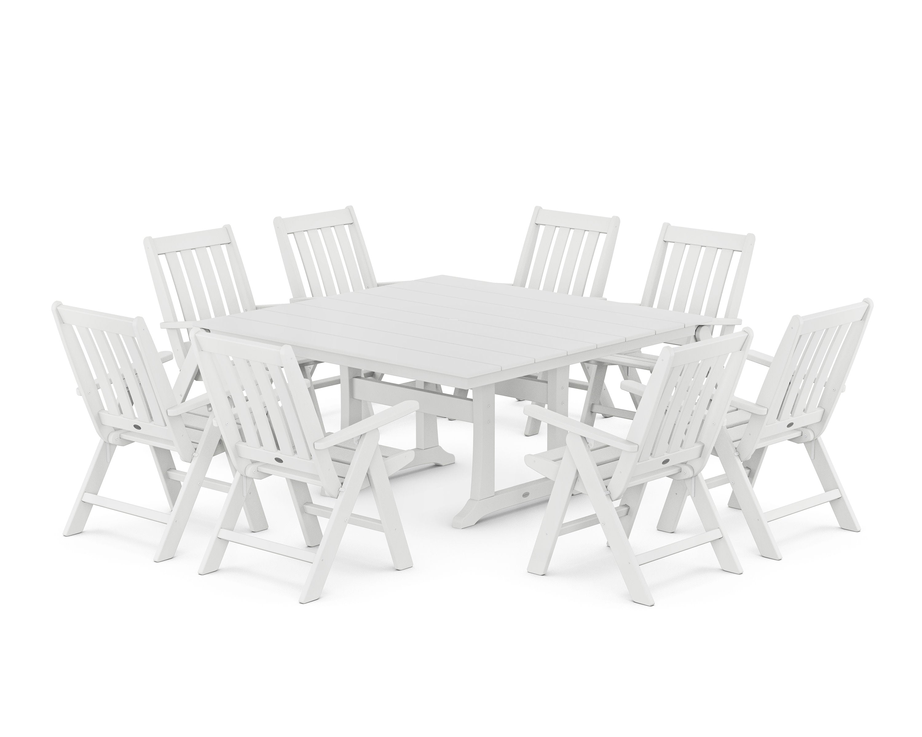 Vineyard Folding Chair 9-Piece Square Farmhouse Dining Set with Trestle Legs in White