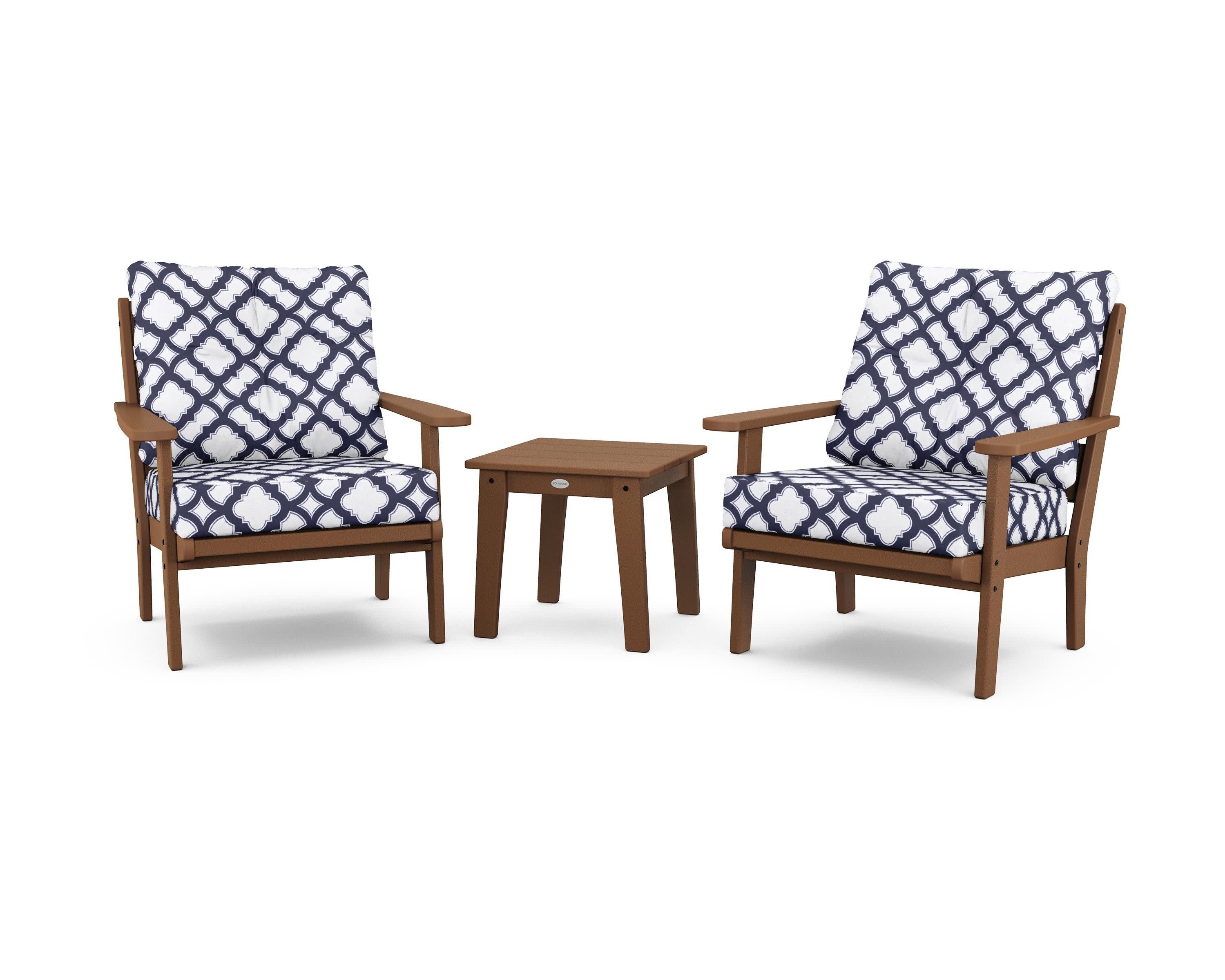 Lakeside 3-Piece Deep Seating Chair Set in Teak / Trellis Navy