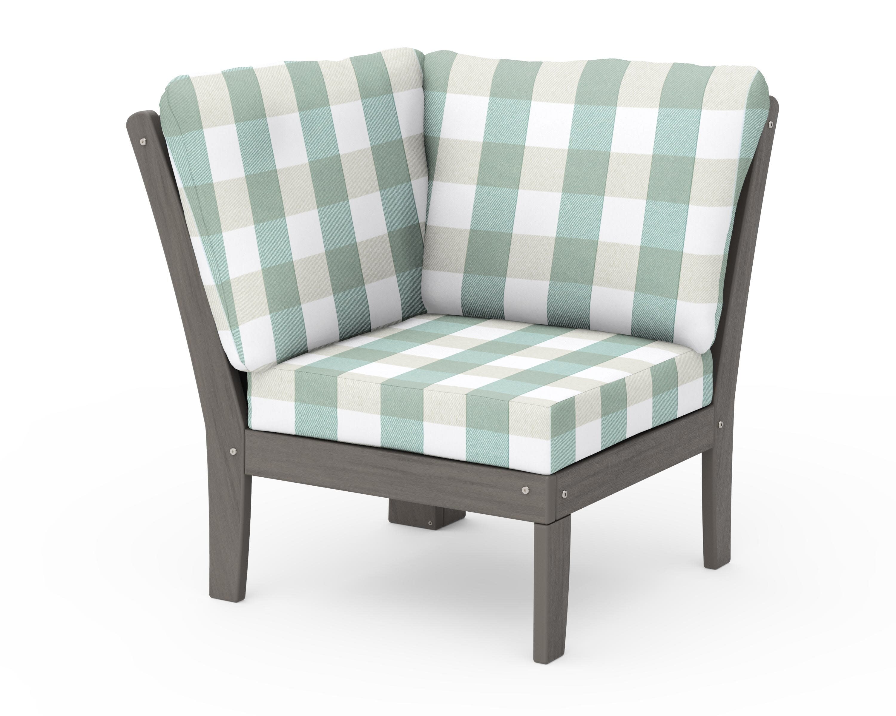 Braxton Modular Corner Chair in Driftwood / Buffalo Plaid Glacier Spa