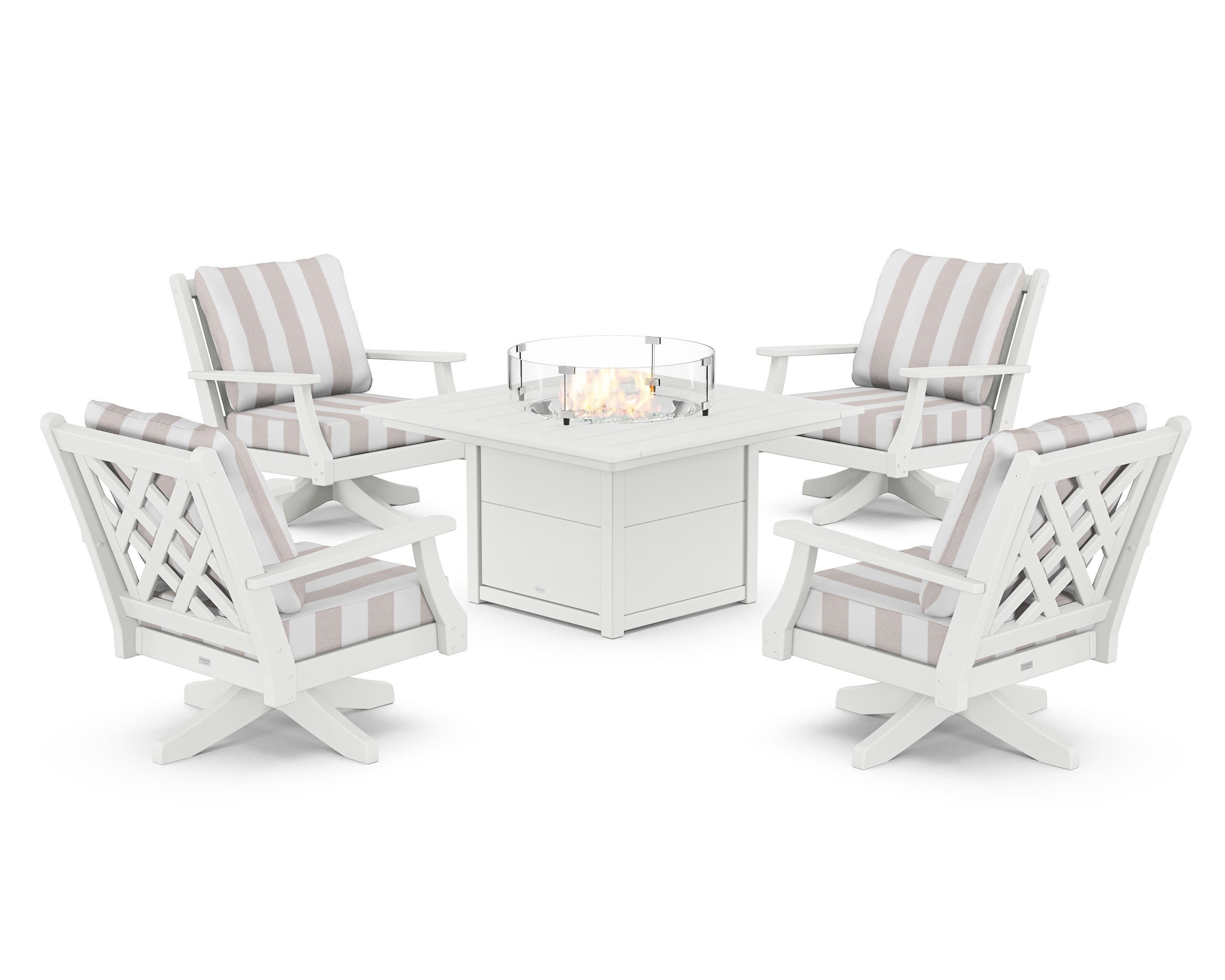 Wovendale 5-Piece Deep Seating Swivel Conversation Set with Fire Pit Table in White / Cabana Stripe Dune Burlap