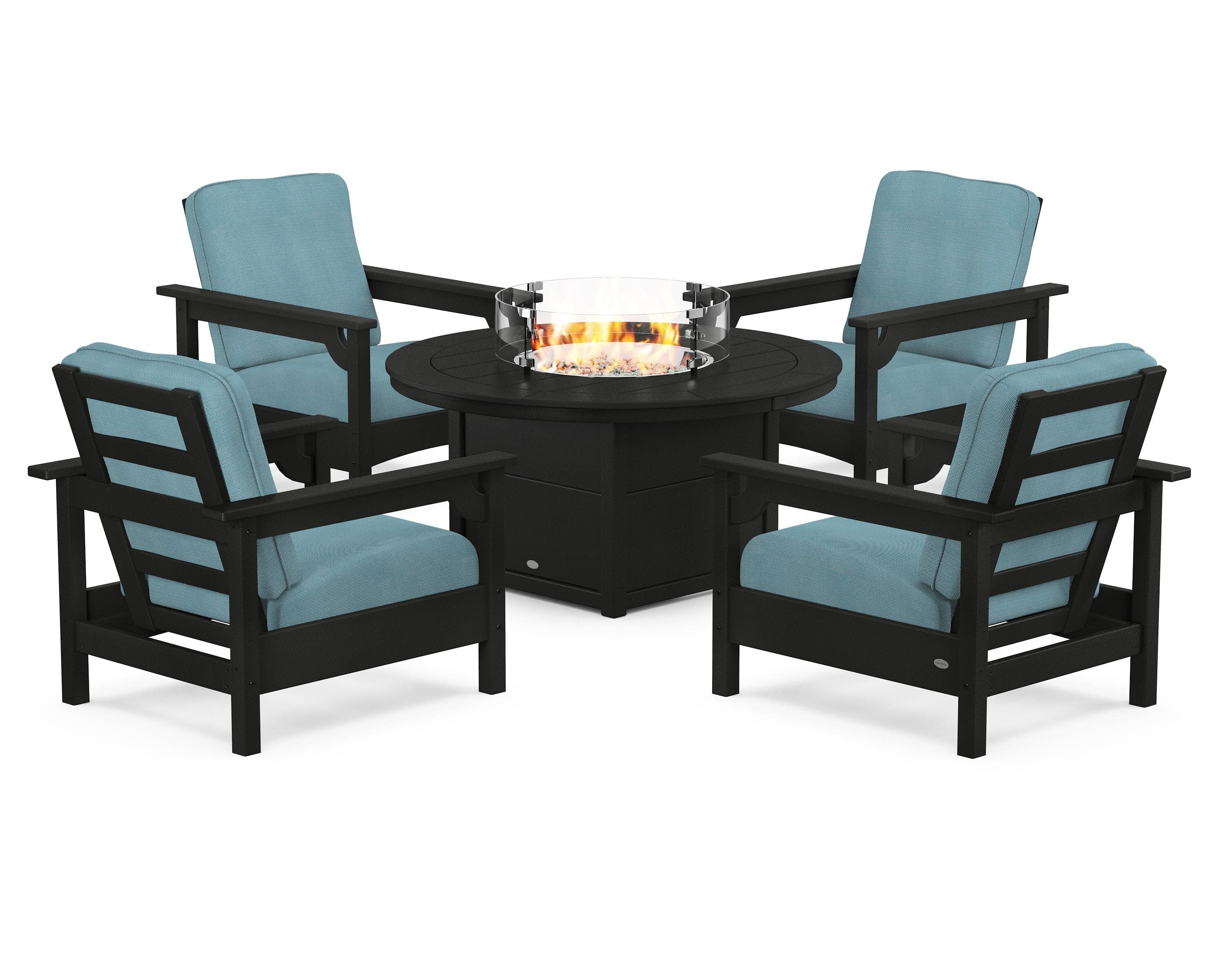 Club 5-Piece Conversation Set with Fire Pit Table in Black / Lattice Sky Blue