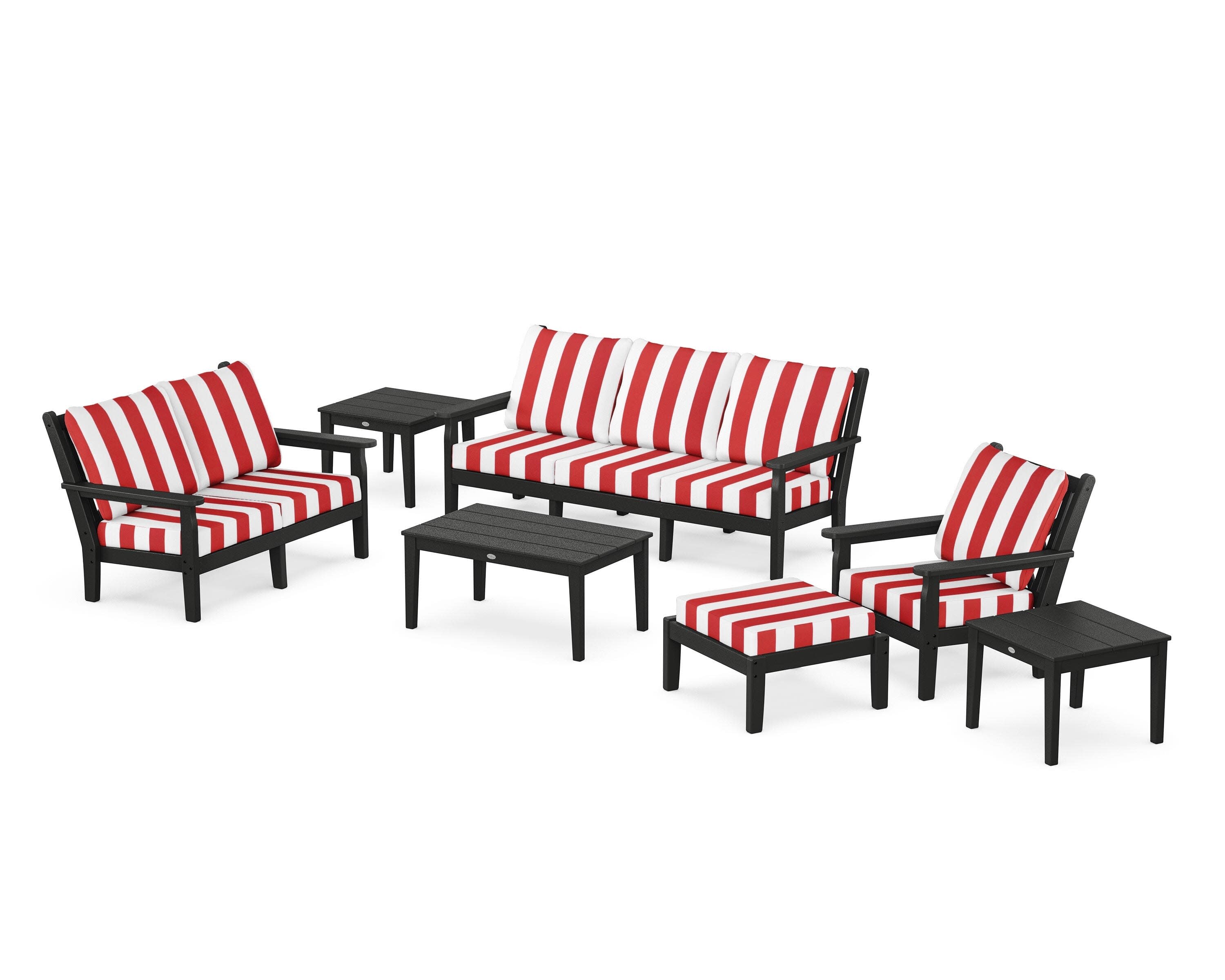 Chippendale 7-Piece Deep Seating Set in Black / Cabana Stripe Crimson