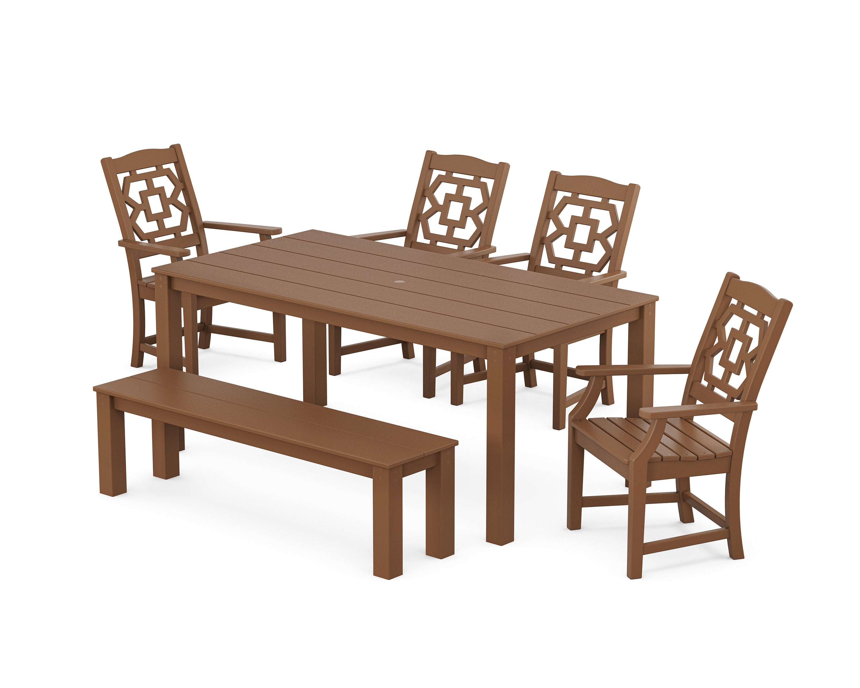 Chinoiserie 6-Piece Parsons Dining Set with Bench in Teak