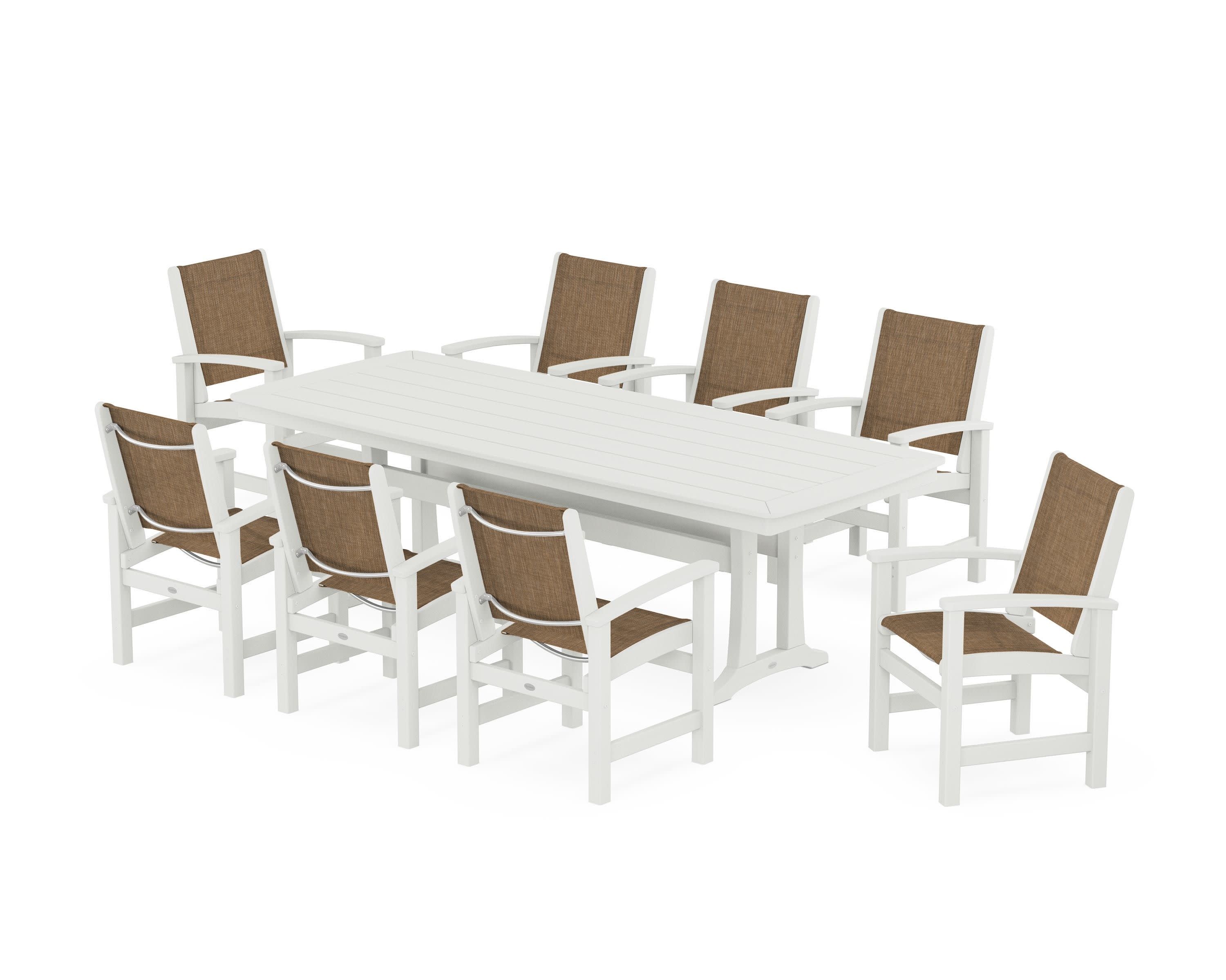 Coastal 9-Piece Dining Set with Trestle Legs in Vintage White / Burlap Sling