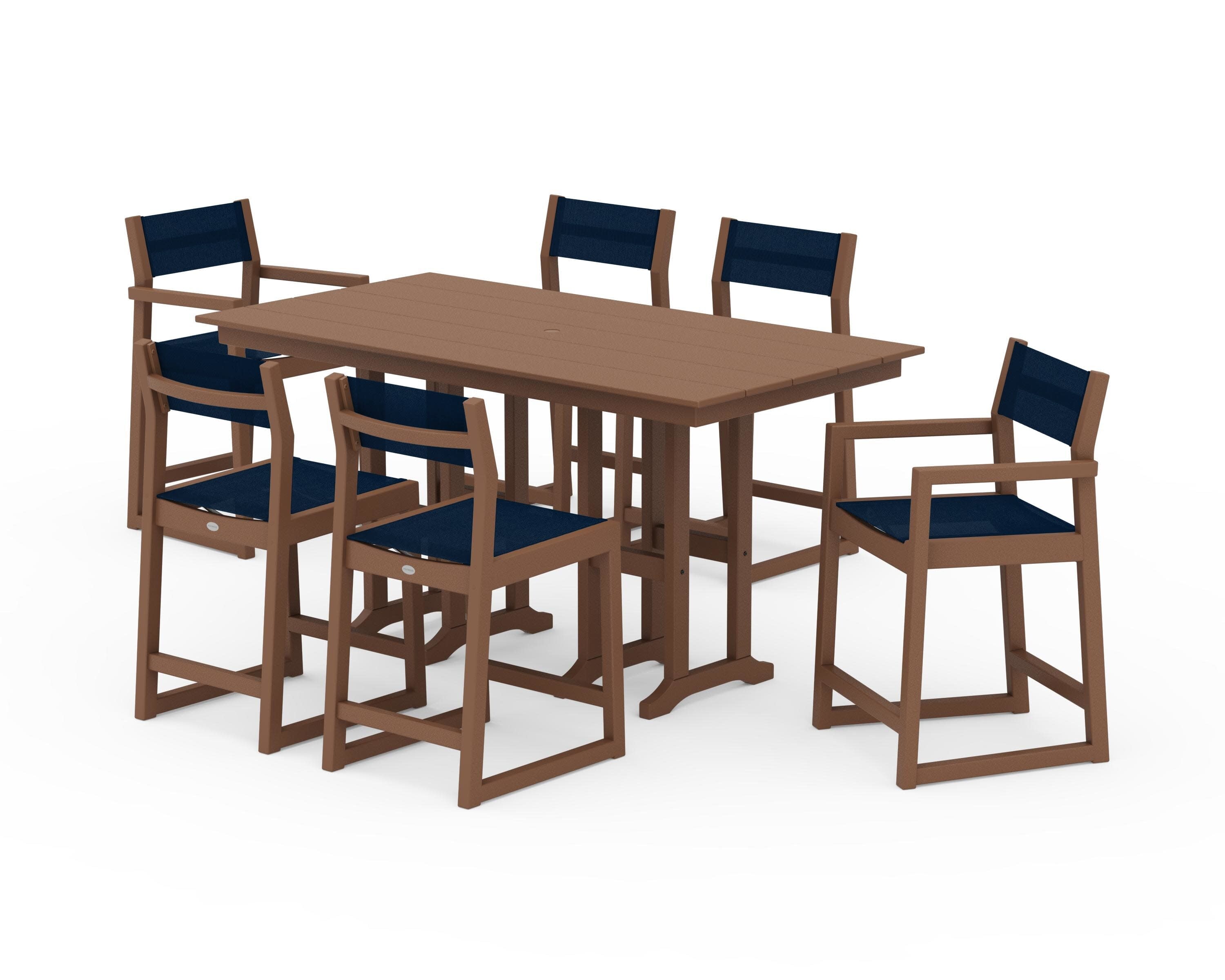 EDGE Sling 7-Piece Farmhouse Counter Set in Teak / Navy Blue Sling