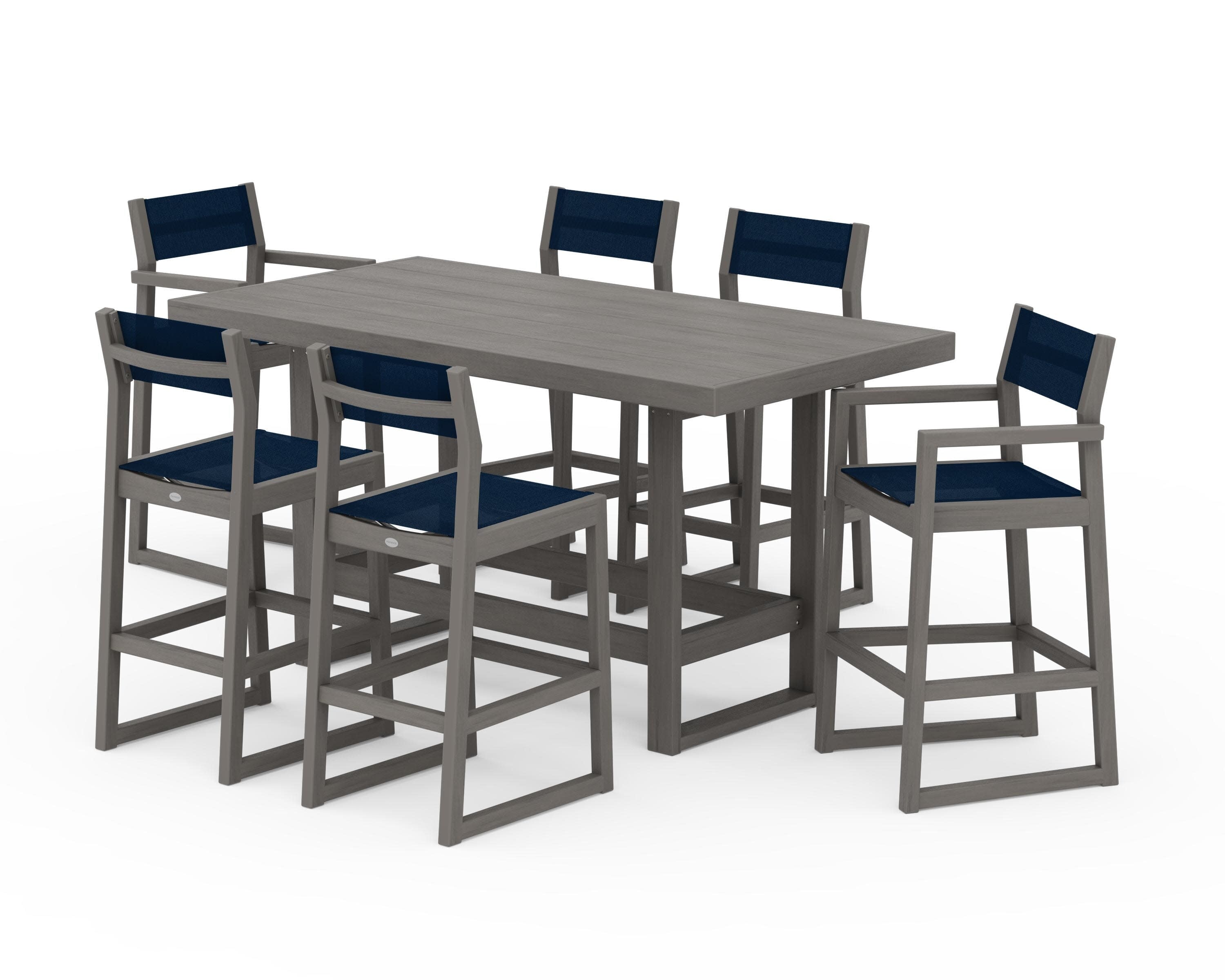 EDGE Sling 7-Piece Bar Table Set in Driftwood / Navy Blue Sling