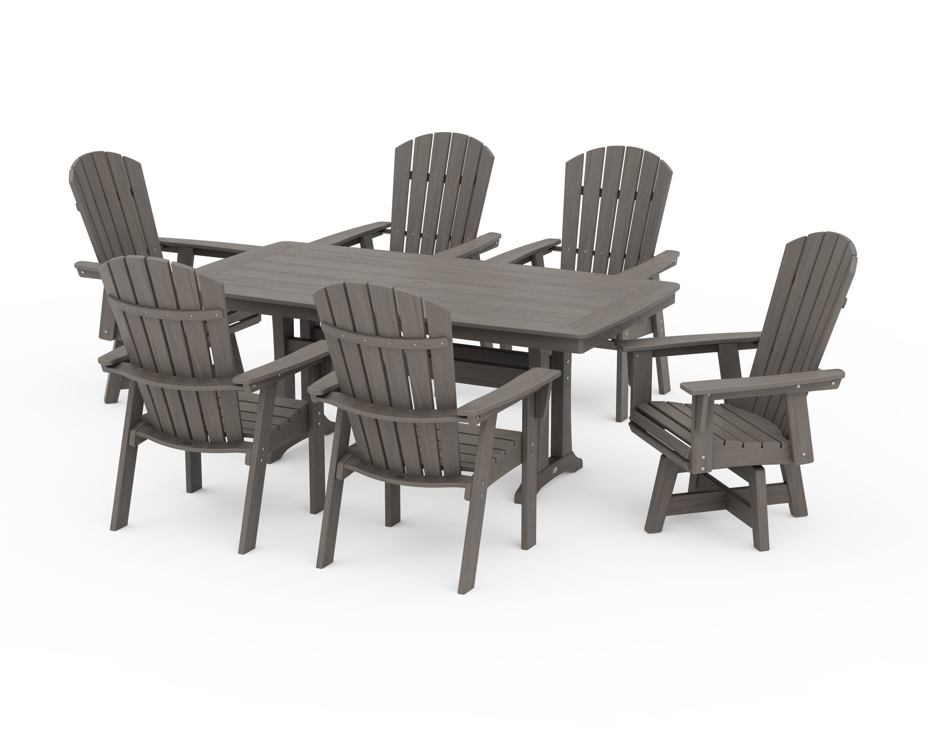 Nautical Curveback Adirondack Swivel Chair 7-Piece Dining Set with Trestle Legs in Driftwood