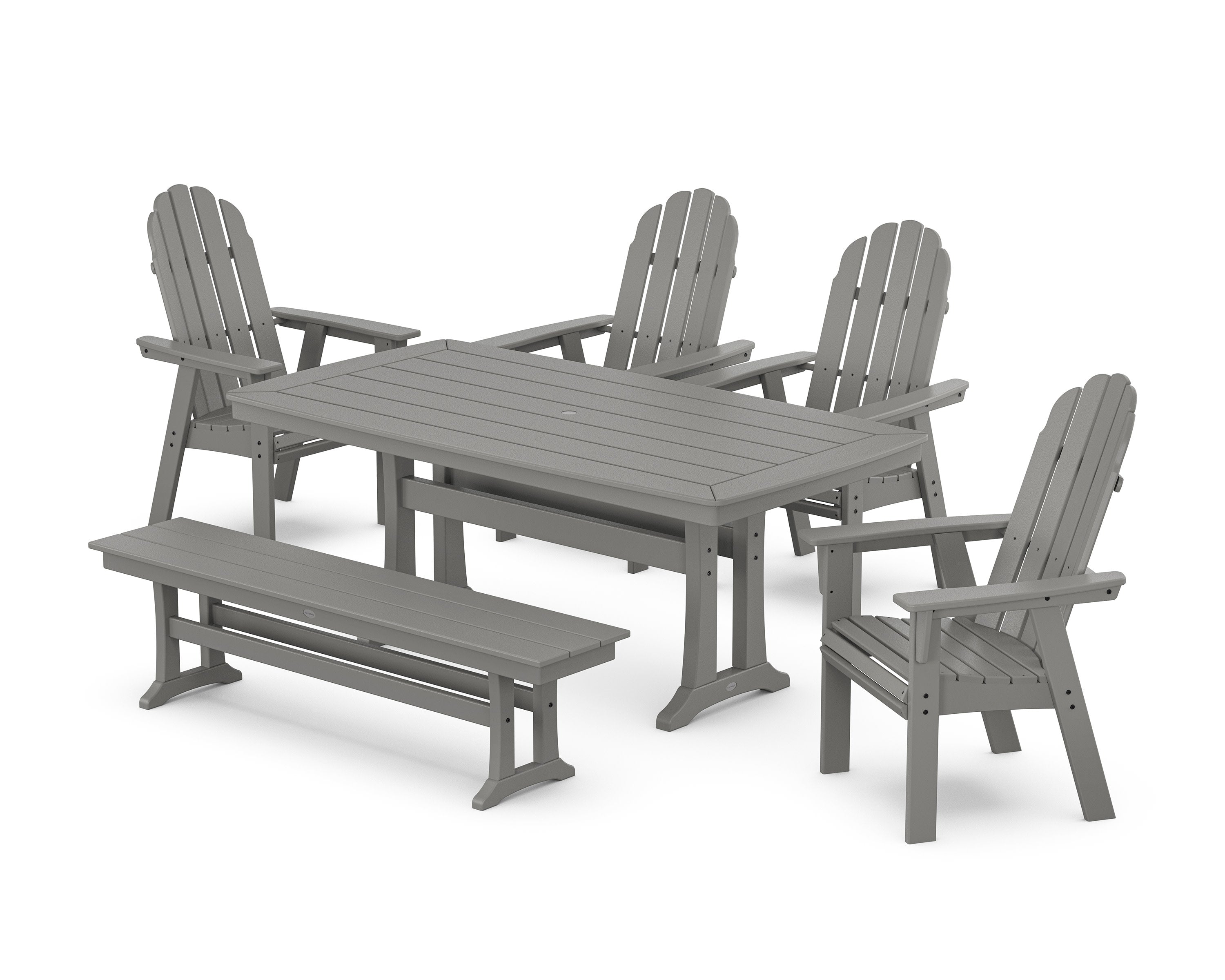 Vineyard Curveback Adirondack Chair 6-Piece Dining Set with Trestle Legs and Bench in Slate Grey