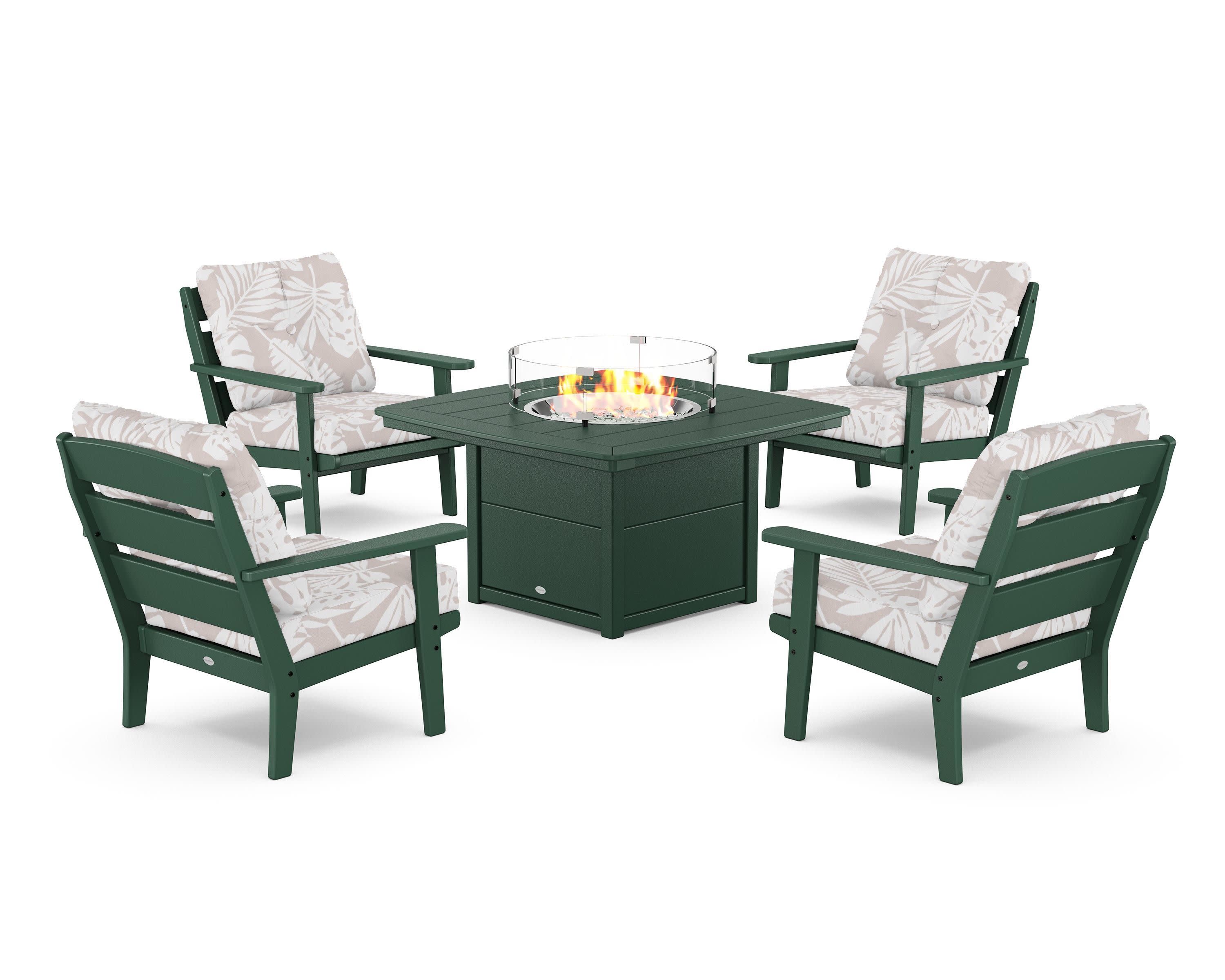Lakeside 5-Piece Deep Seating Set with Nautical Fire Pit Table in Green / Leaf Dune Burlap