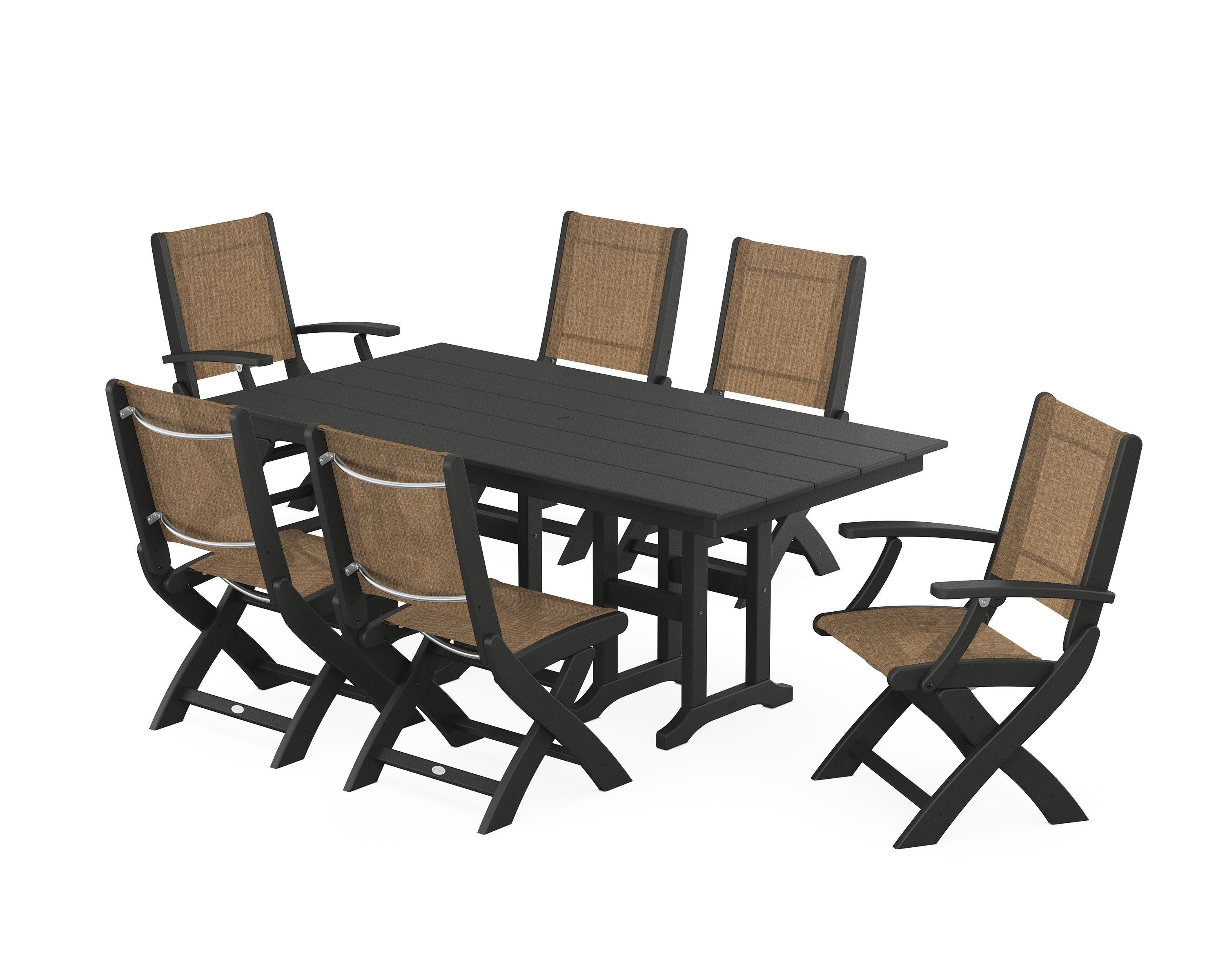 Coastal Folding Chair 7-Piece Farmhouse Dining Set in Black / Burlap Sling
