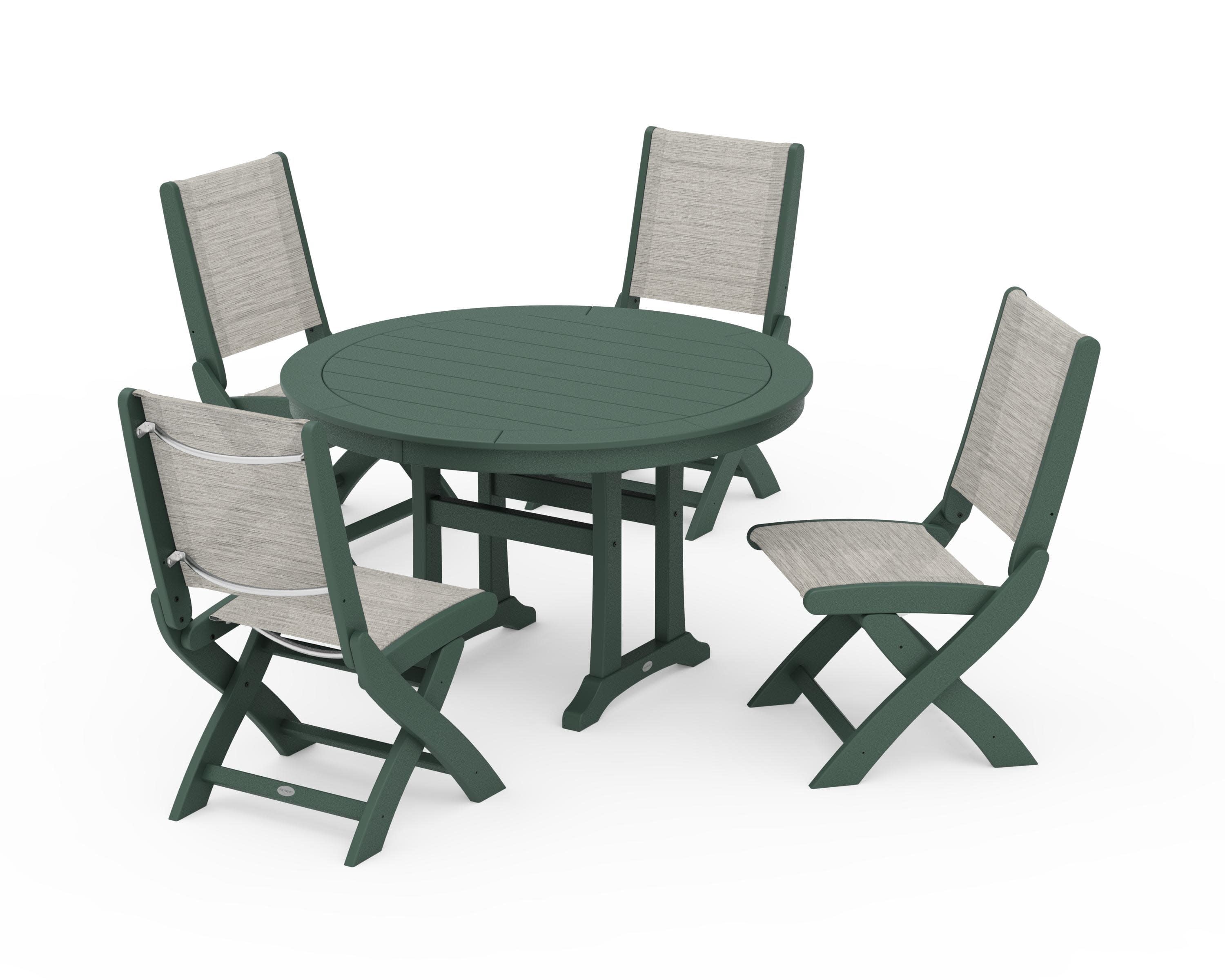 Coastal Folding Side Chair 5-Piece Round Dining Set With Trestle Legs in Green / Birch Sling