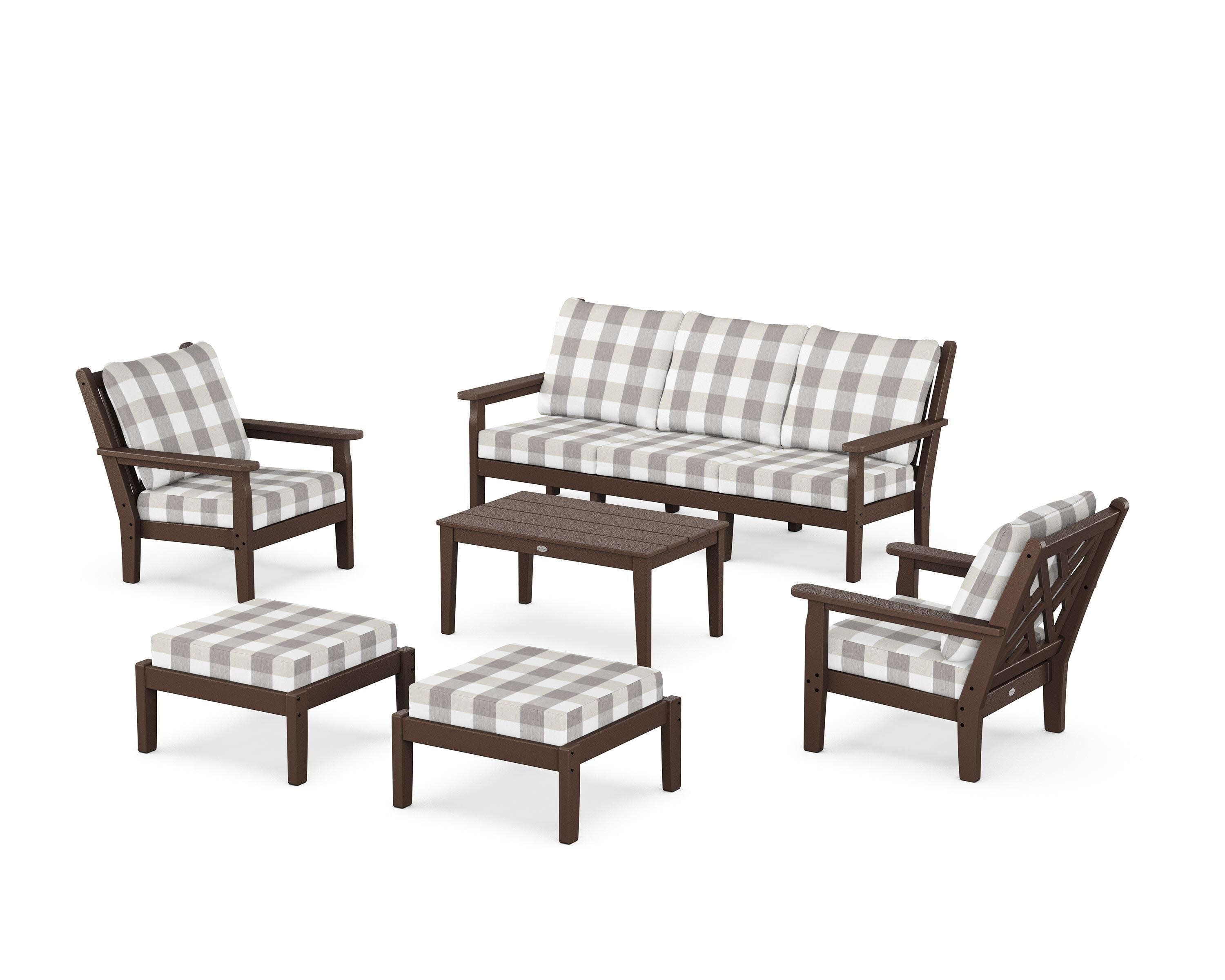 Chippendale 6-Piece Lounge Sofa Set in Mahogany / Buffalo Plaid Grey Mist