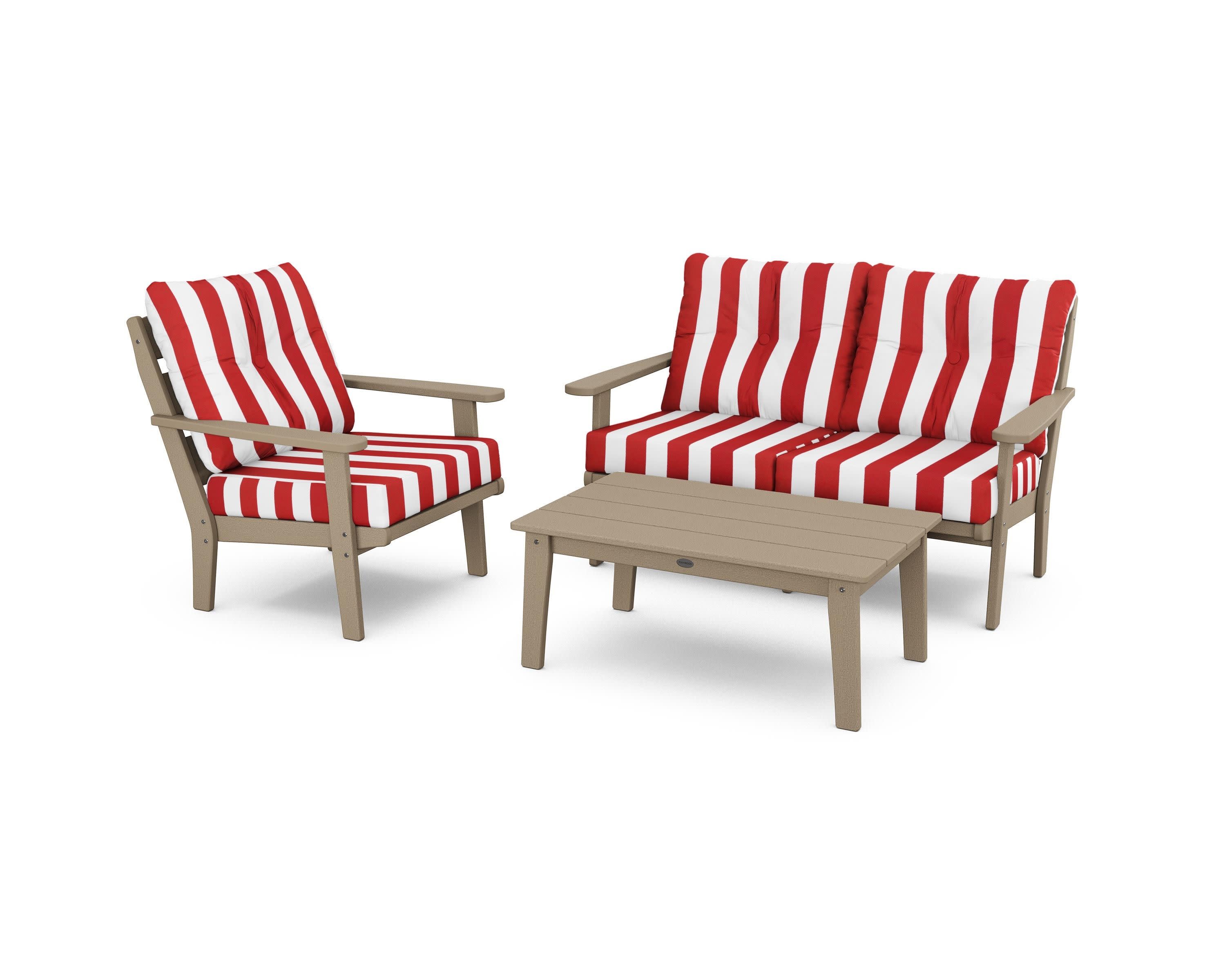 Lakeside 3-Piece Deep Seating Set in Vintage Sahara / Cabana Stripe Crimson