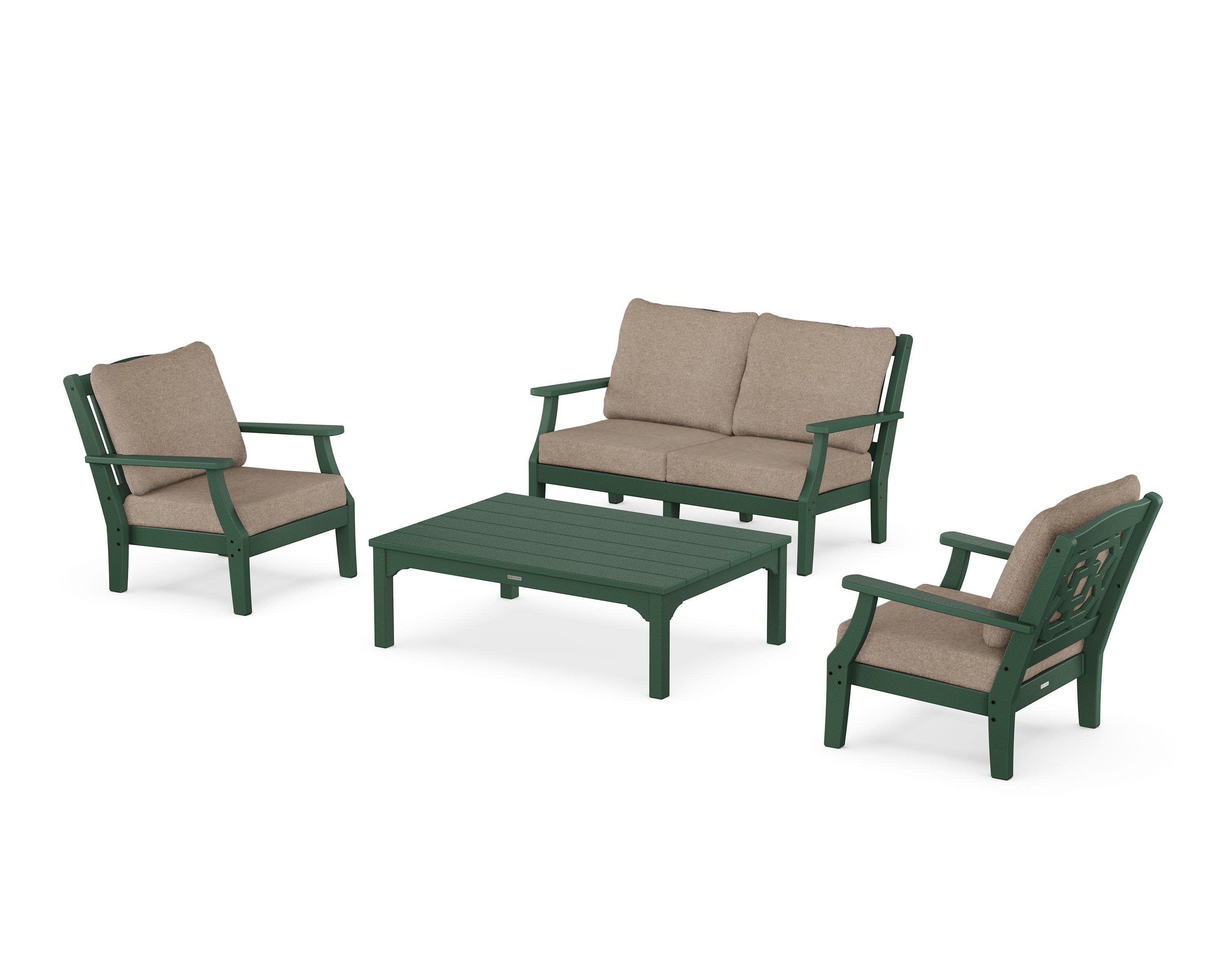 Chinoiserie 4-Piece Deep Seating Set with Loveseat in Green / Spiced Burlap
