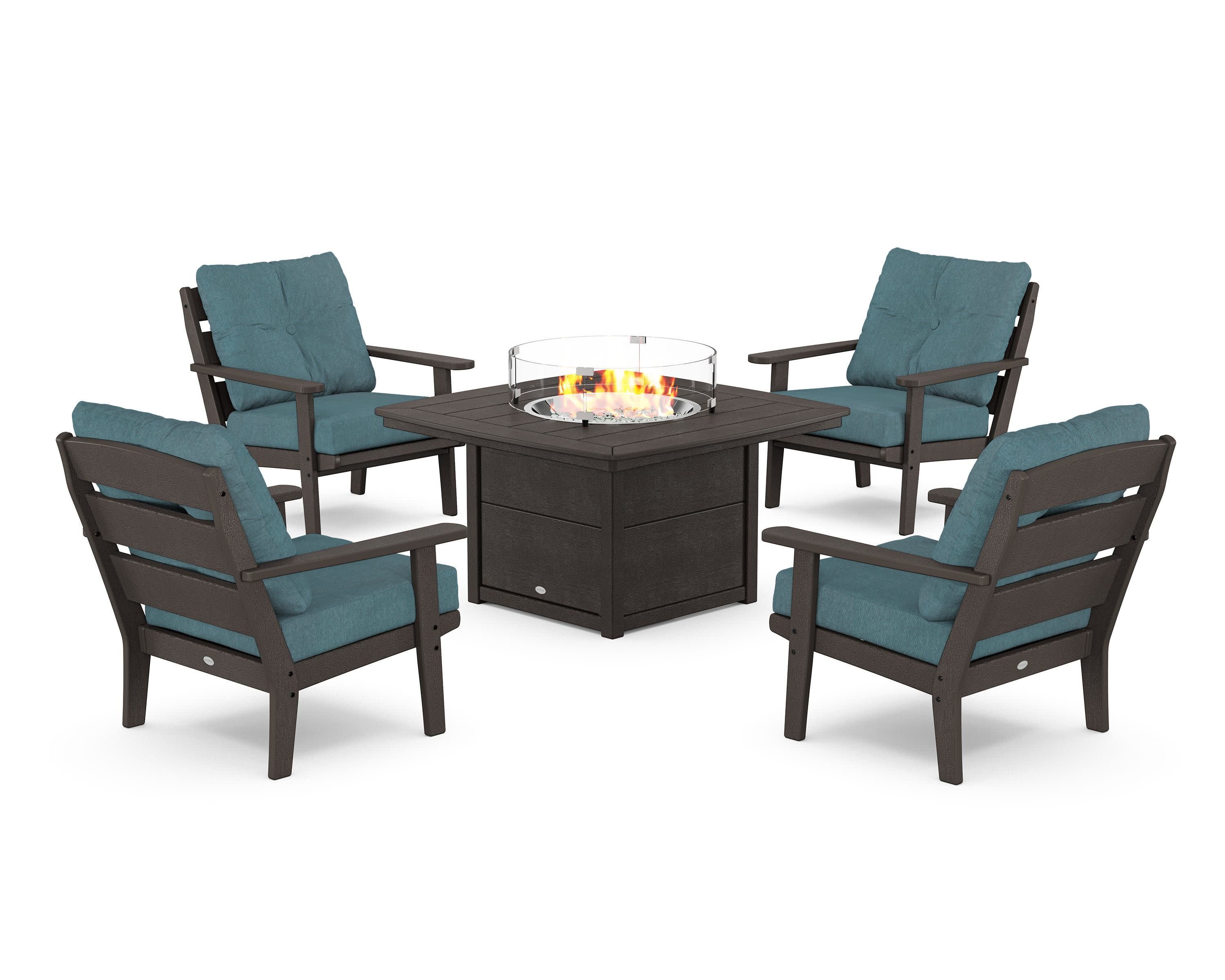 Lakeside 5-Piece Deep Seating Set with Nautical Fire Pit Table in Vintage Coffee / Ocean Teal