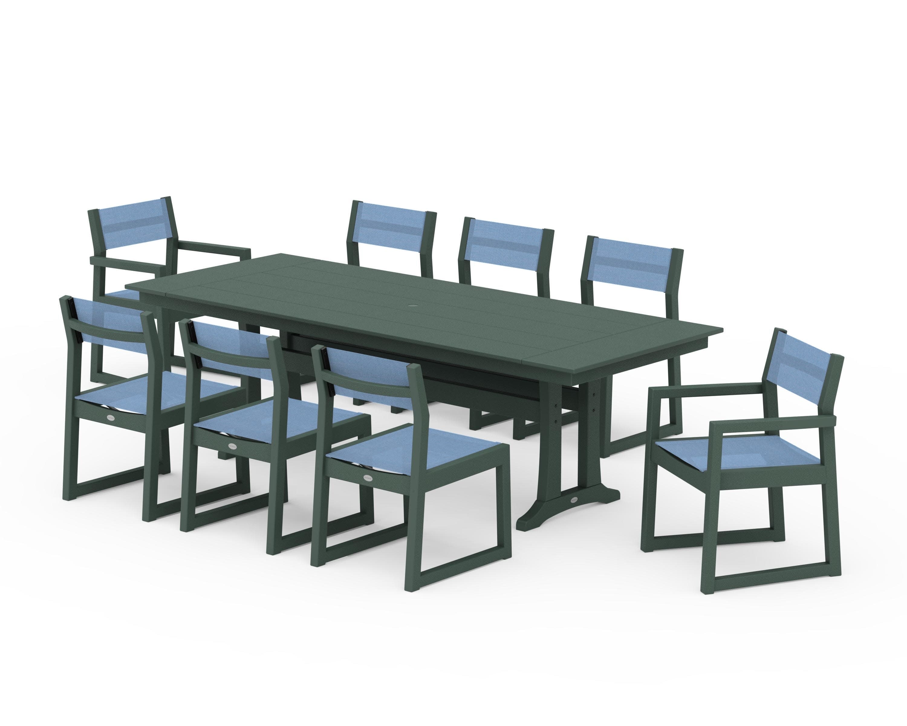 EDGE Sling 9-Piece Farmhouse Trestle Dining Set in Green / Poolside Sling