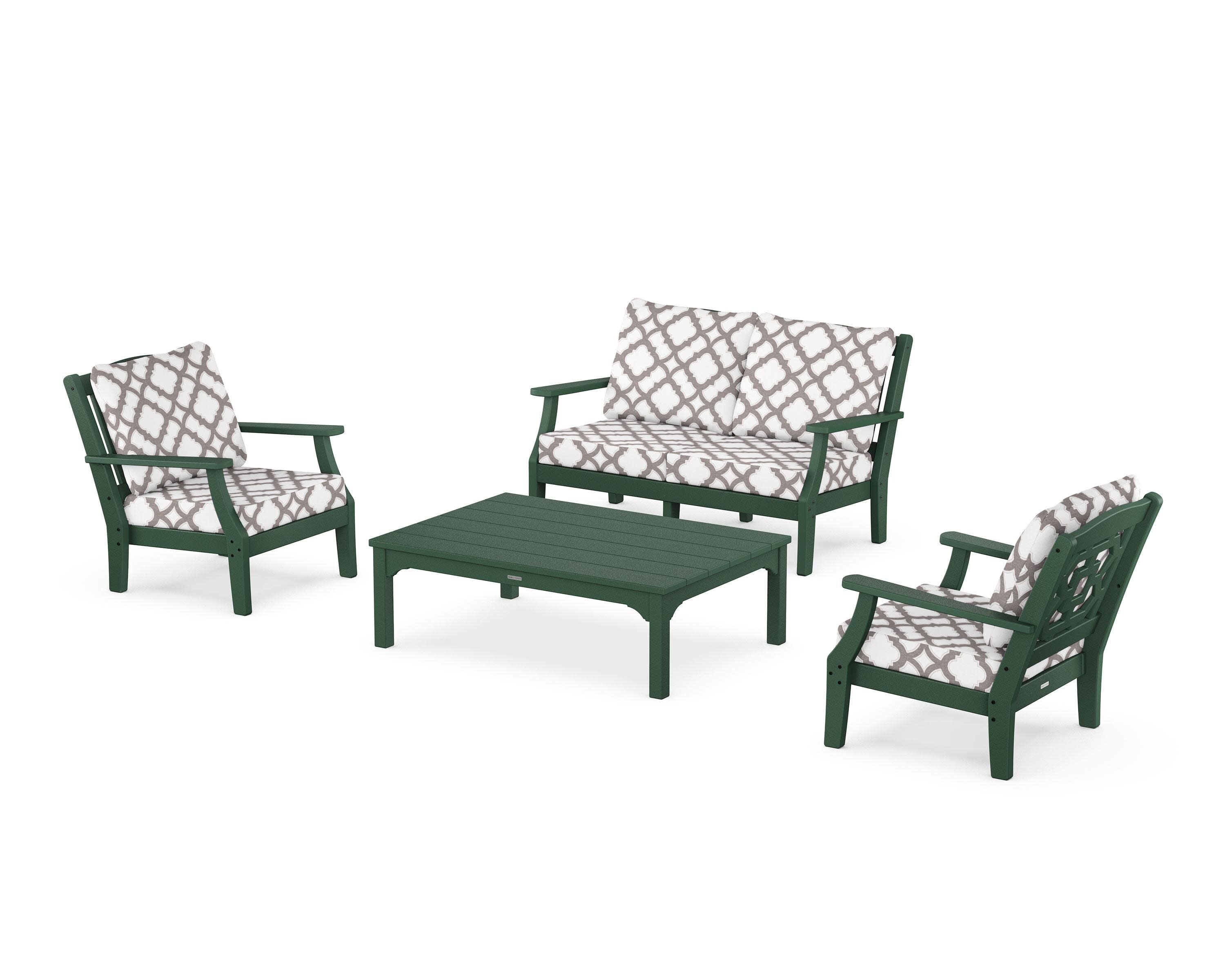 Chinoiserie 4-Piece Deep Seating Set with Loveseat in Green / Trellis Grey Mist