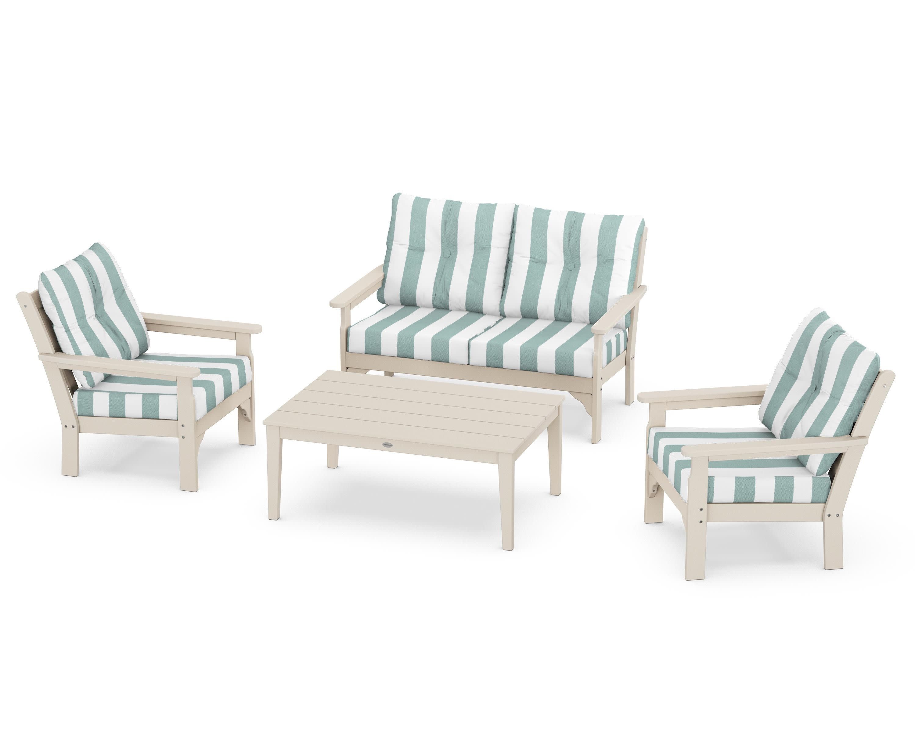 Vineyard 4-Piece Deep Seating Set in Sand / Cabana Stripe Glacier Spa