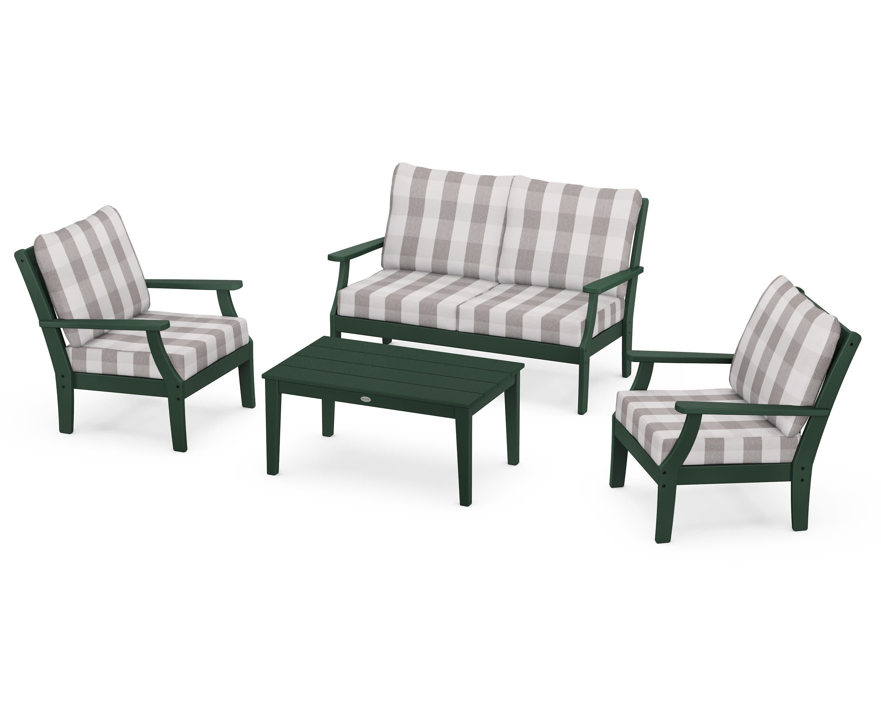 Braxton 4-Piece Deep Seating Chair Set in Green / Buffalo Plaid Grey Mist