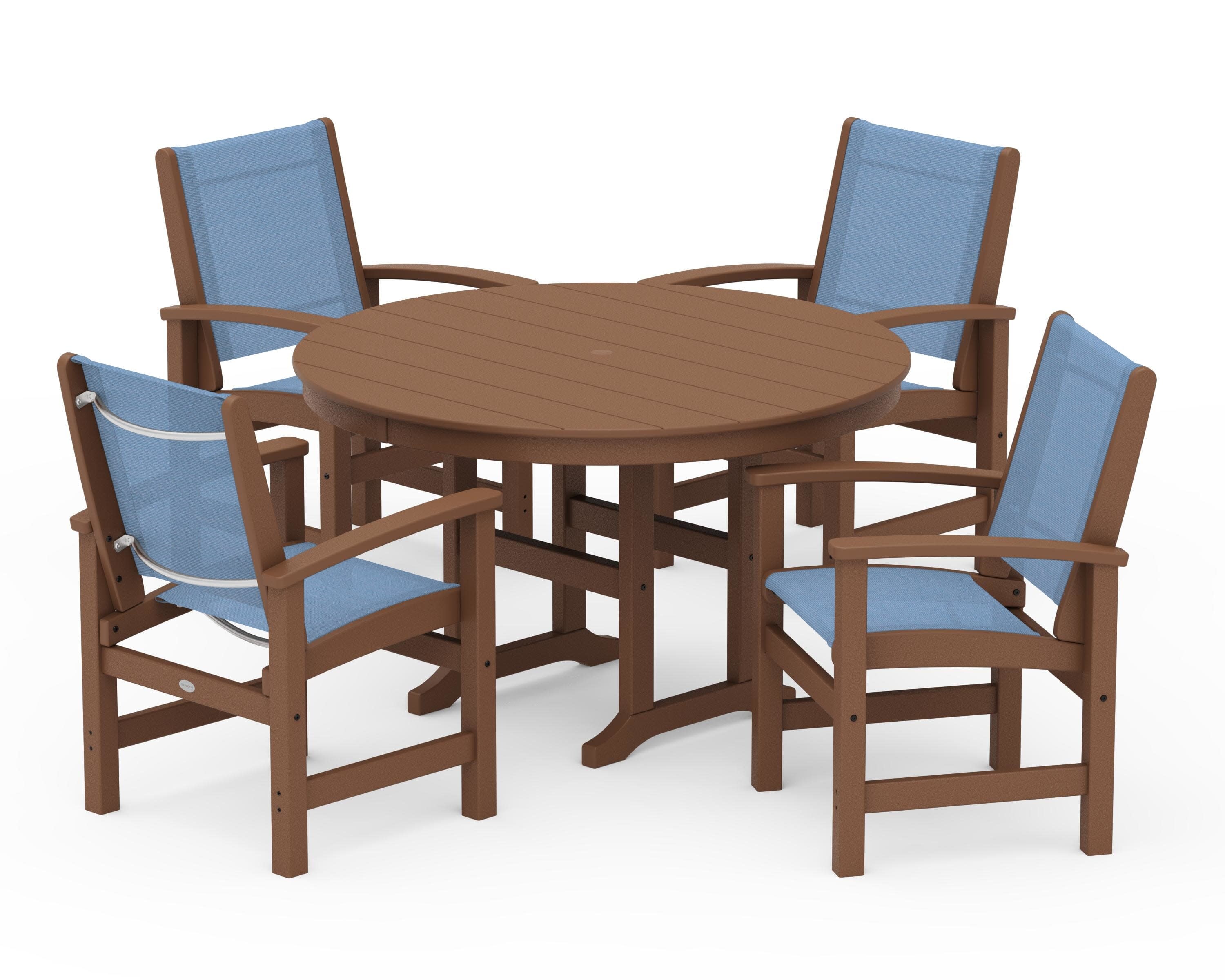 Coastal 5-Piece Round Farmhouse Dining Set in Teak / Poolside Sling