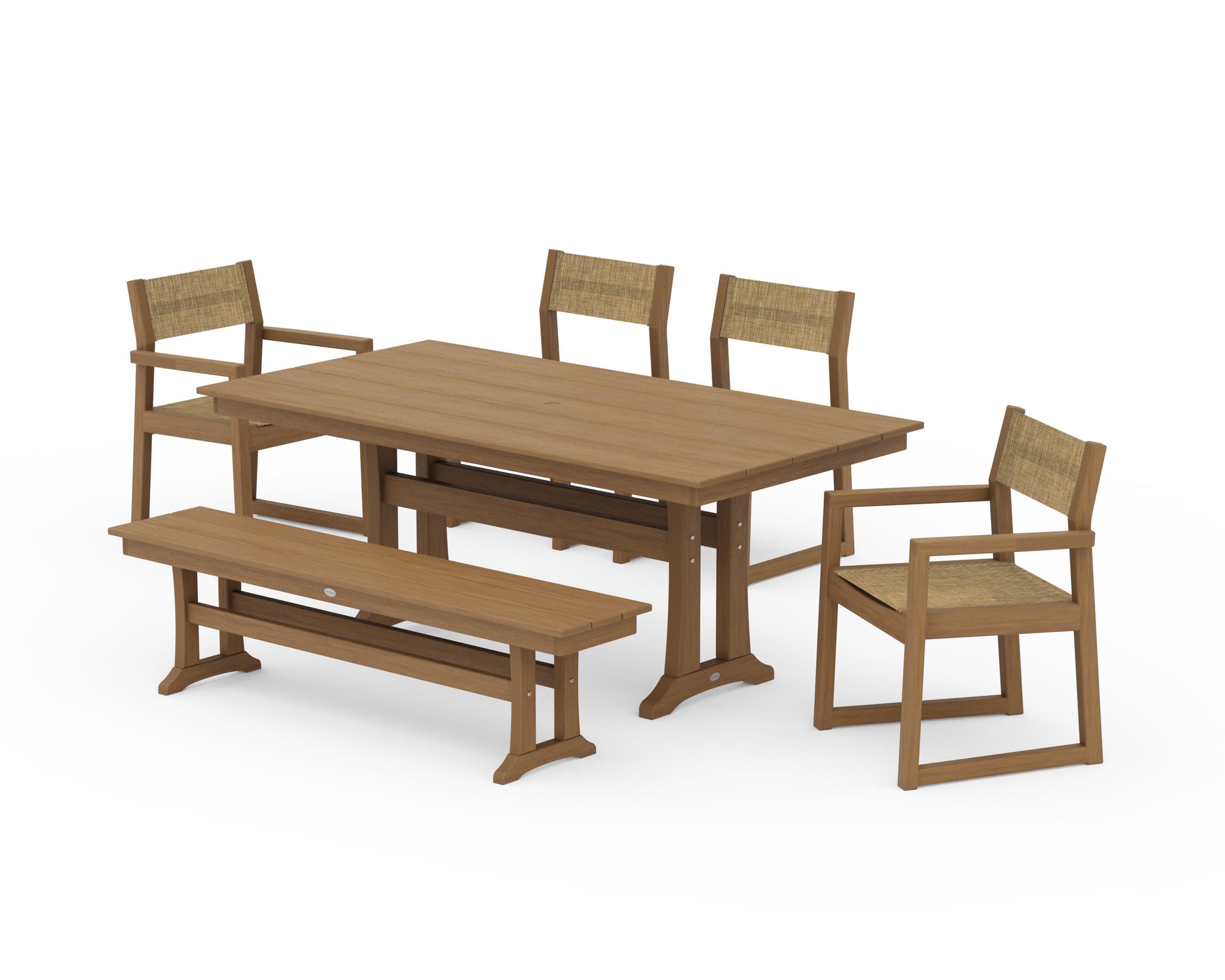 EDGE Sling 6-Piece Farmhouse Dining Set With Trestle Legs in Natural / Burlap Sling