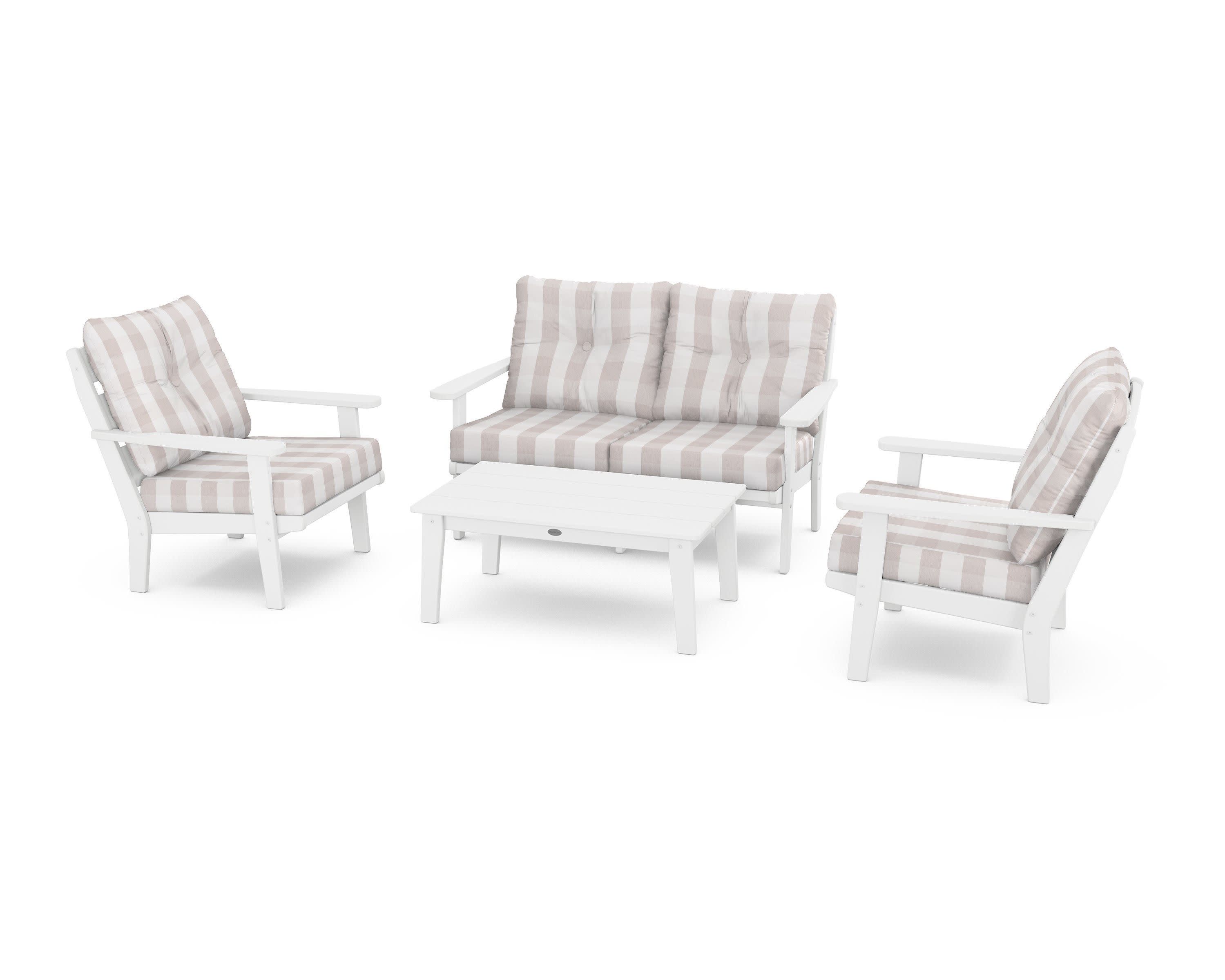 Lakeside 4-Piece Deep Seating Set in White / Buffalo Plaid Dune Burlap