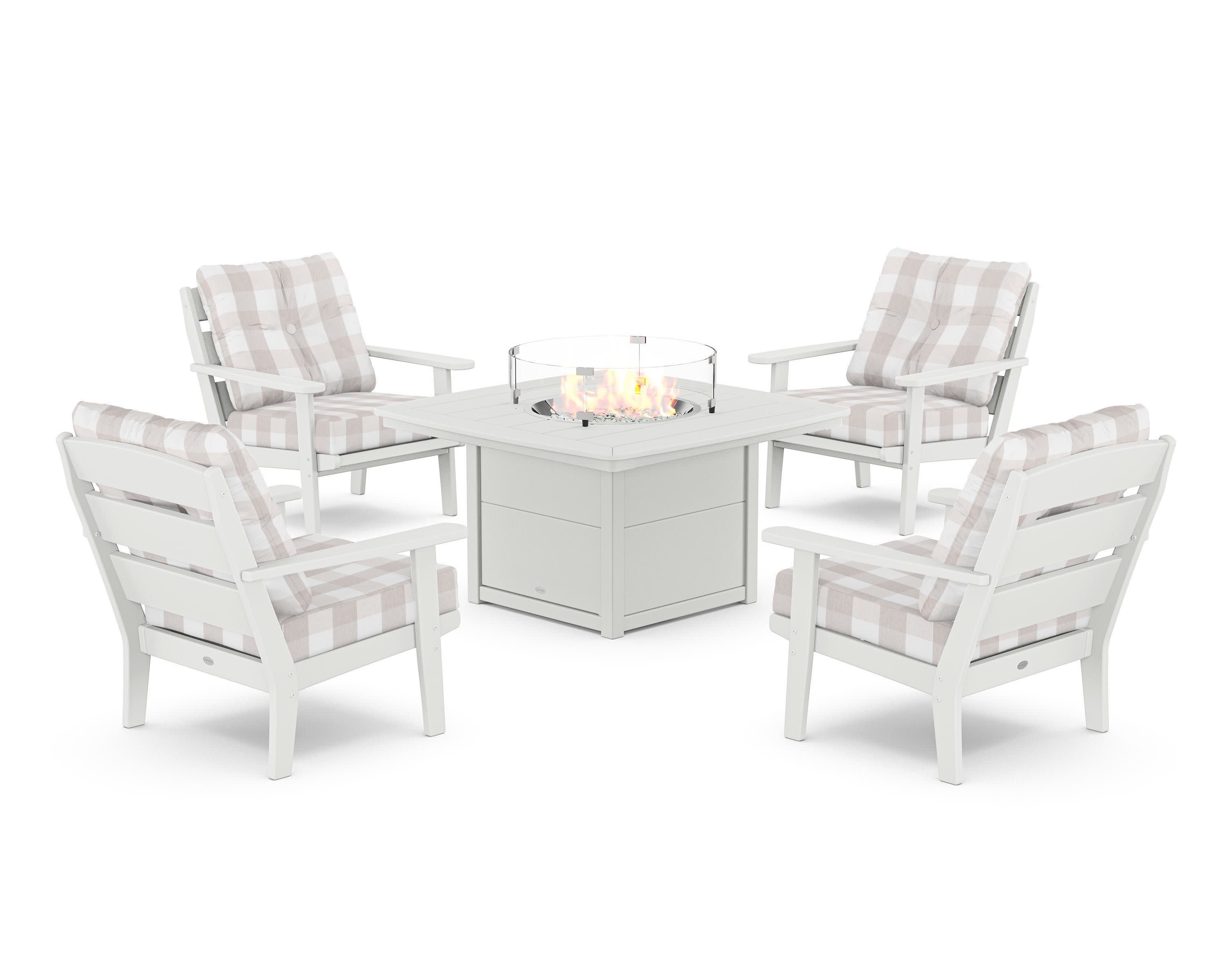 Lakeside 5-Piece Deep Seating Set with Nautical Fire Pit Table in White / Buffalo Plaid Dune Burlap