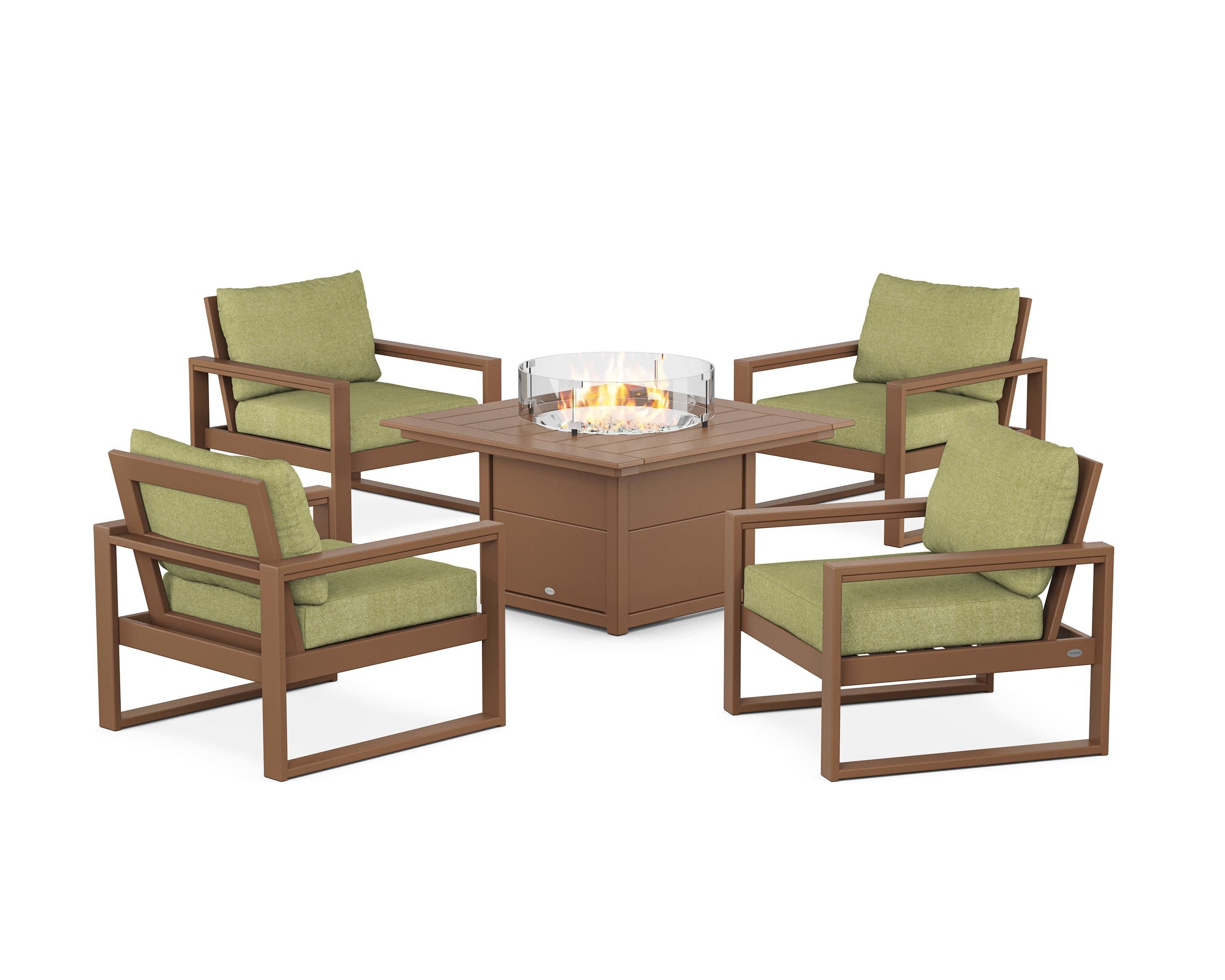 EDGE Sectional 5-Piece Deep Seating Set with Fire Pit Table in Teak / Chartreuse Boucle