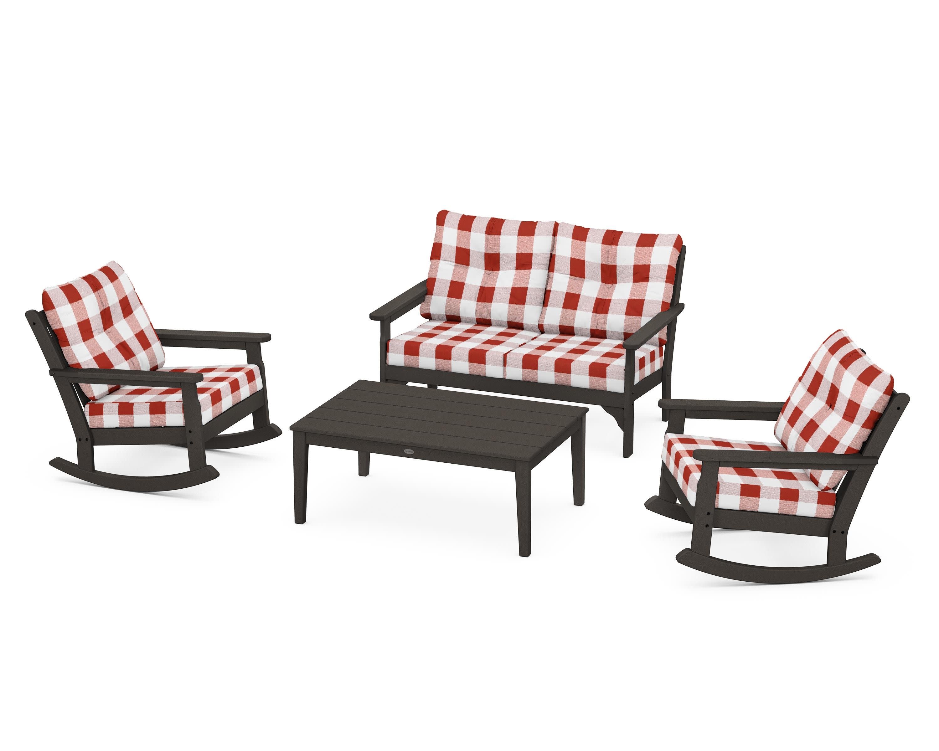 Vineyard 4-Piece Deep Seating Rocking Chair Set in Vintage Coffee / Buffalo Plaid Crimson