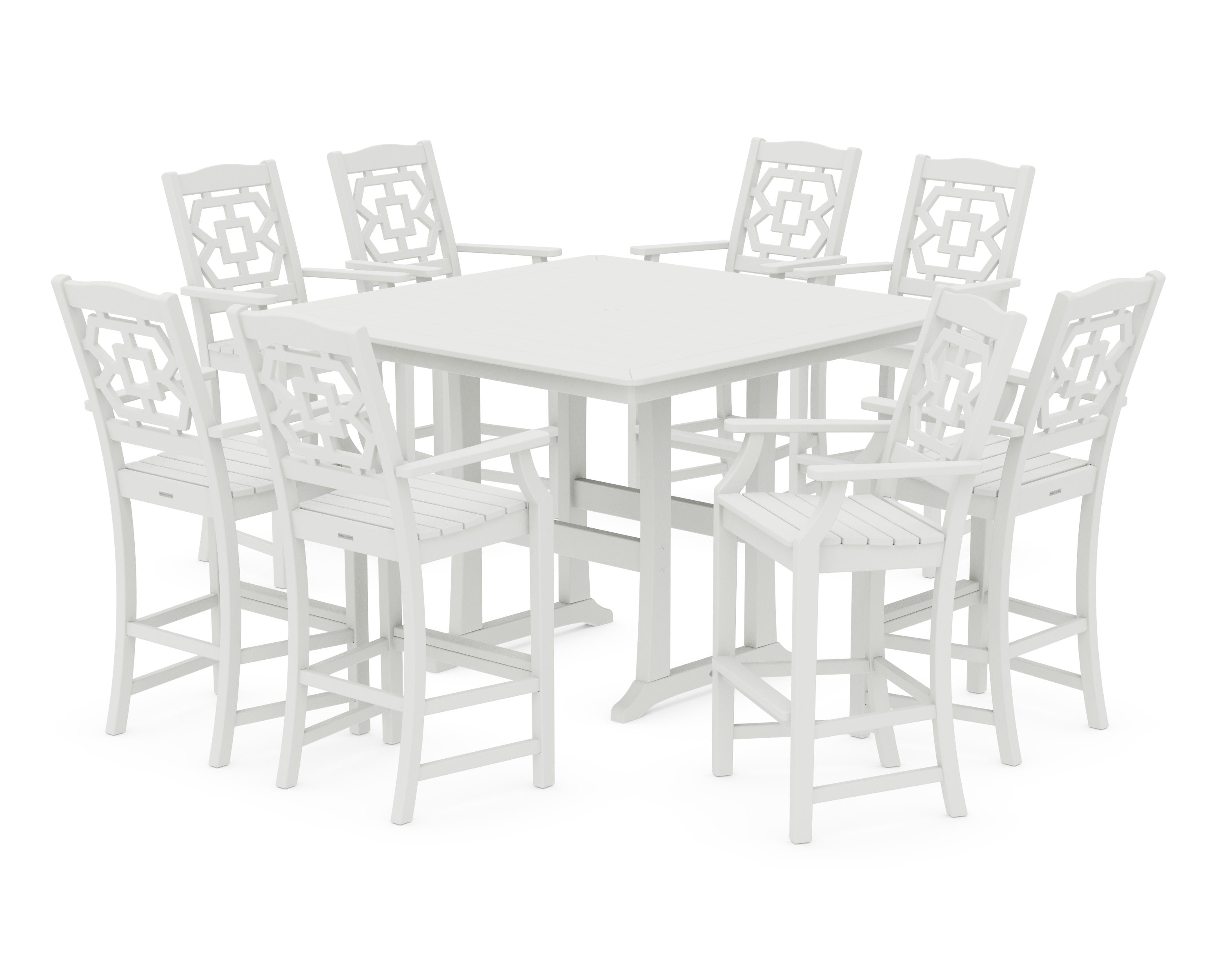 Chinoiserie 9-Piece Square Bar Set with Trestle Legs in Vintage White